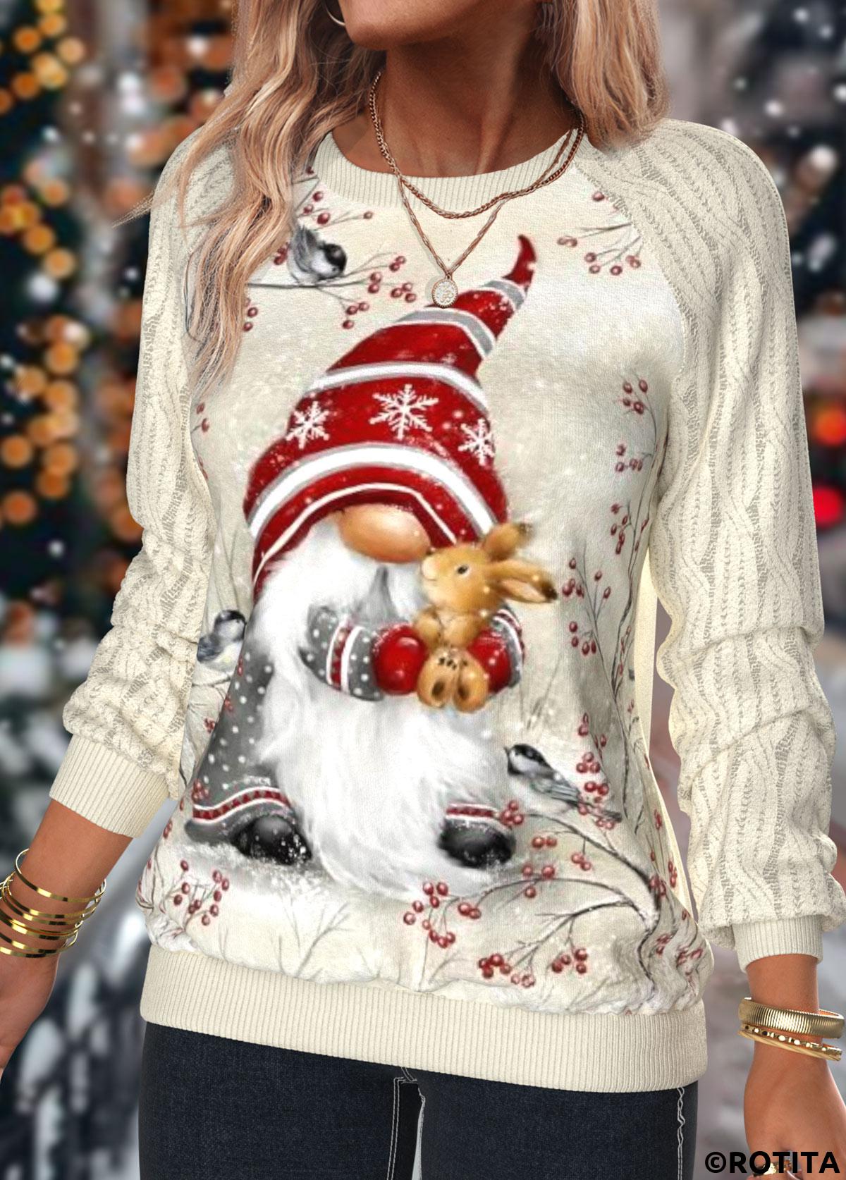 Beige tops,Christmas tops,Plants tops,Animal Print tops,ROTITA Christmas Patchwork Beige Round Neck Long Sleeve Sweatshirt