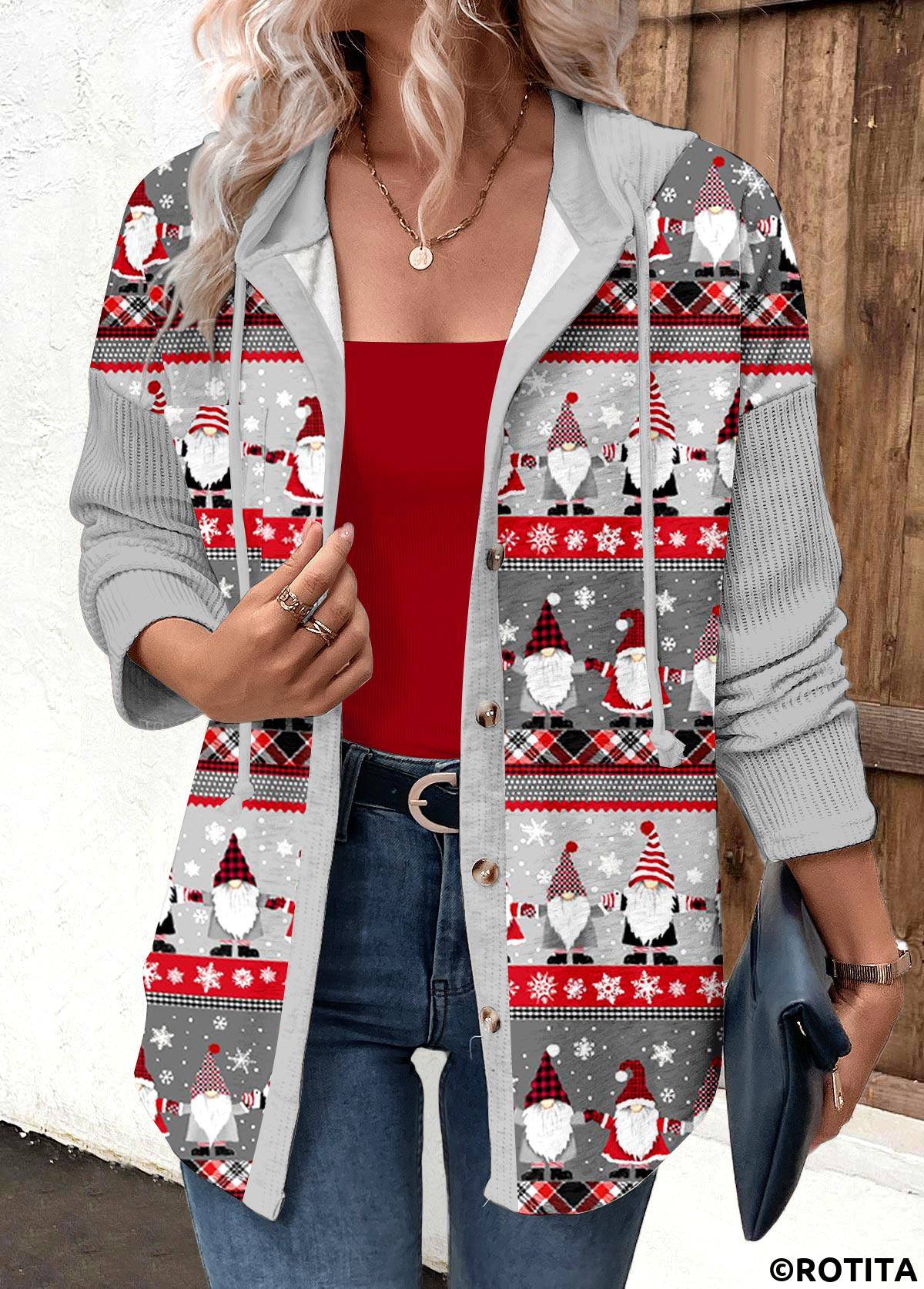 Sweat à capuche gris à manches longues et cordon de serrage Rotita avec imprimé de Noël