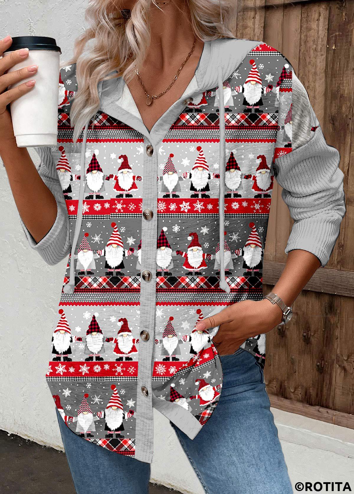 Sweat à capuche gris à manches longues et cordon de serrage Rotita avec imprimé de Noël