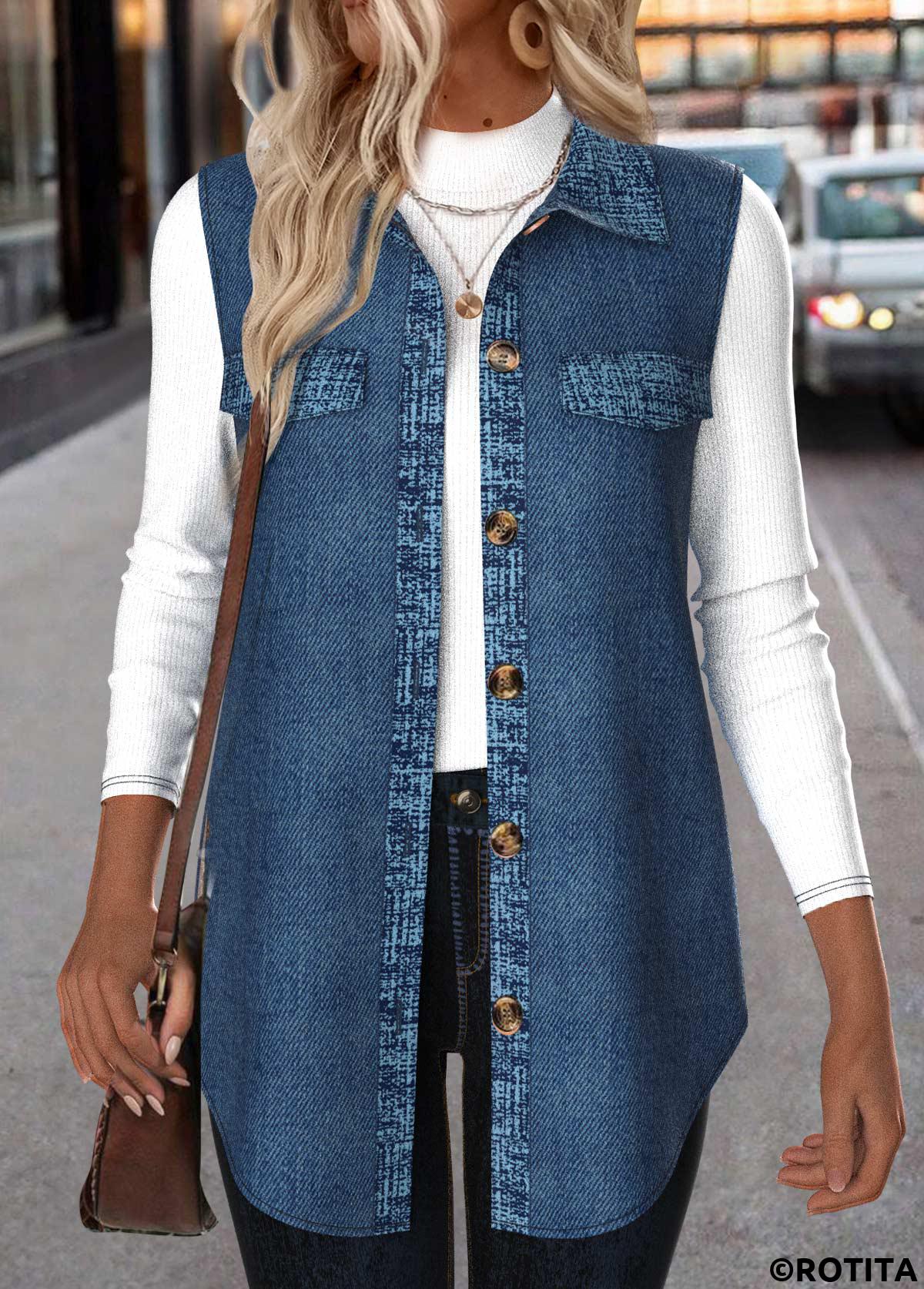 Denim Blue tops,Plain Color tops,ROTITA Patchwork Denim Blue Shirt Collar Sleeveless Waistcoat