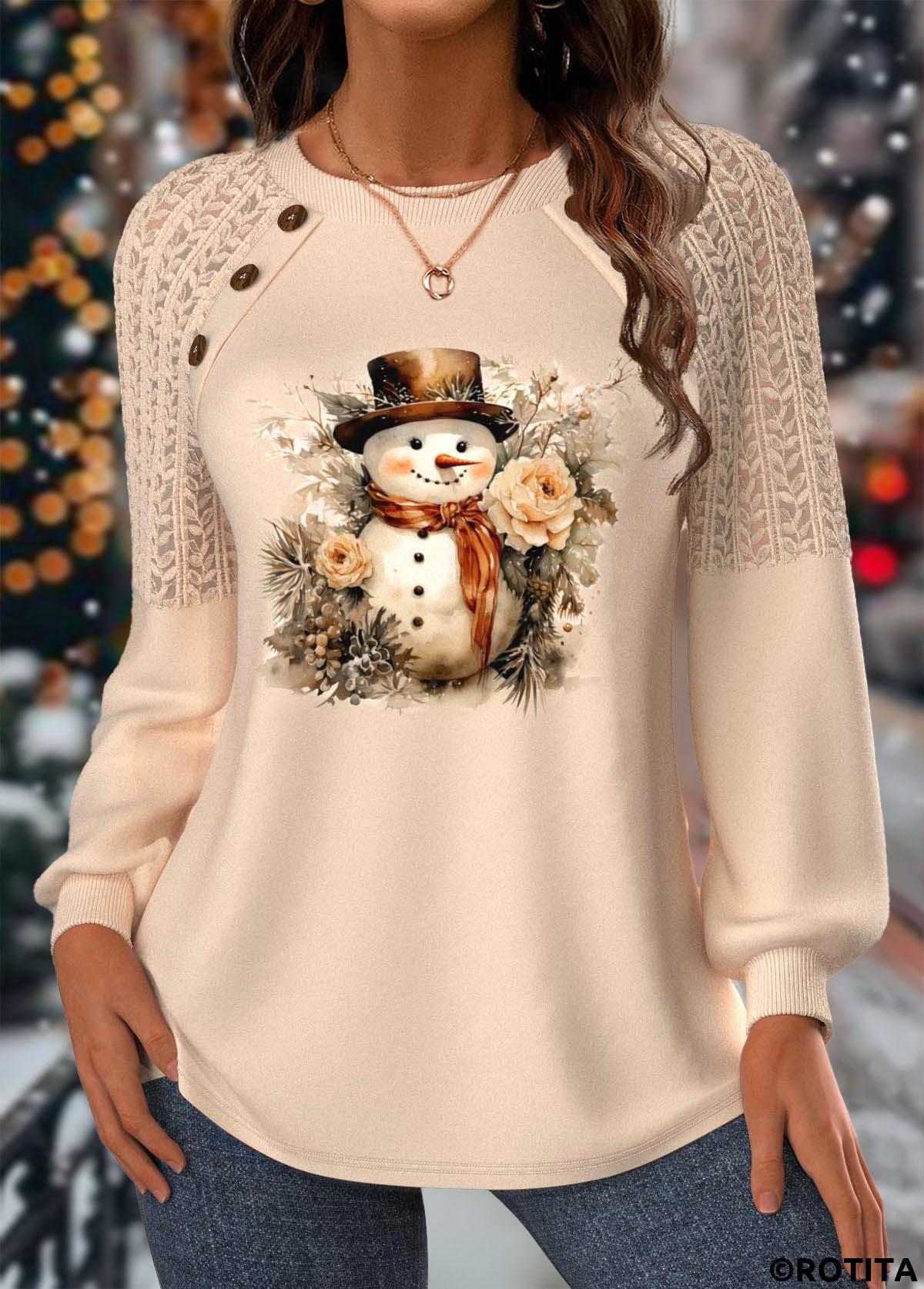 Skin Color tops,Christmas tops,ROTITA Christmas Lace Skin Color Round Neck Long Sleeve Sweatshirt