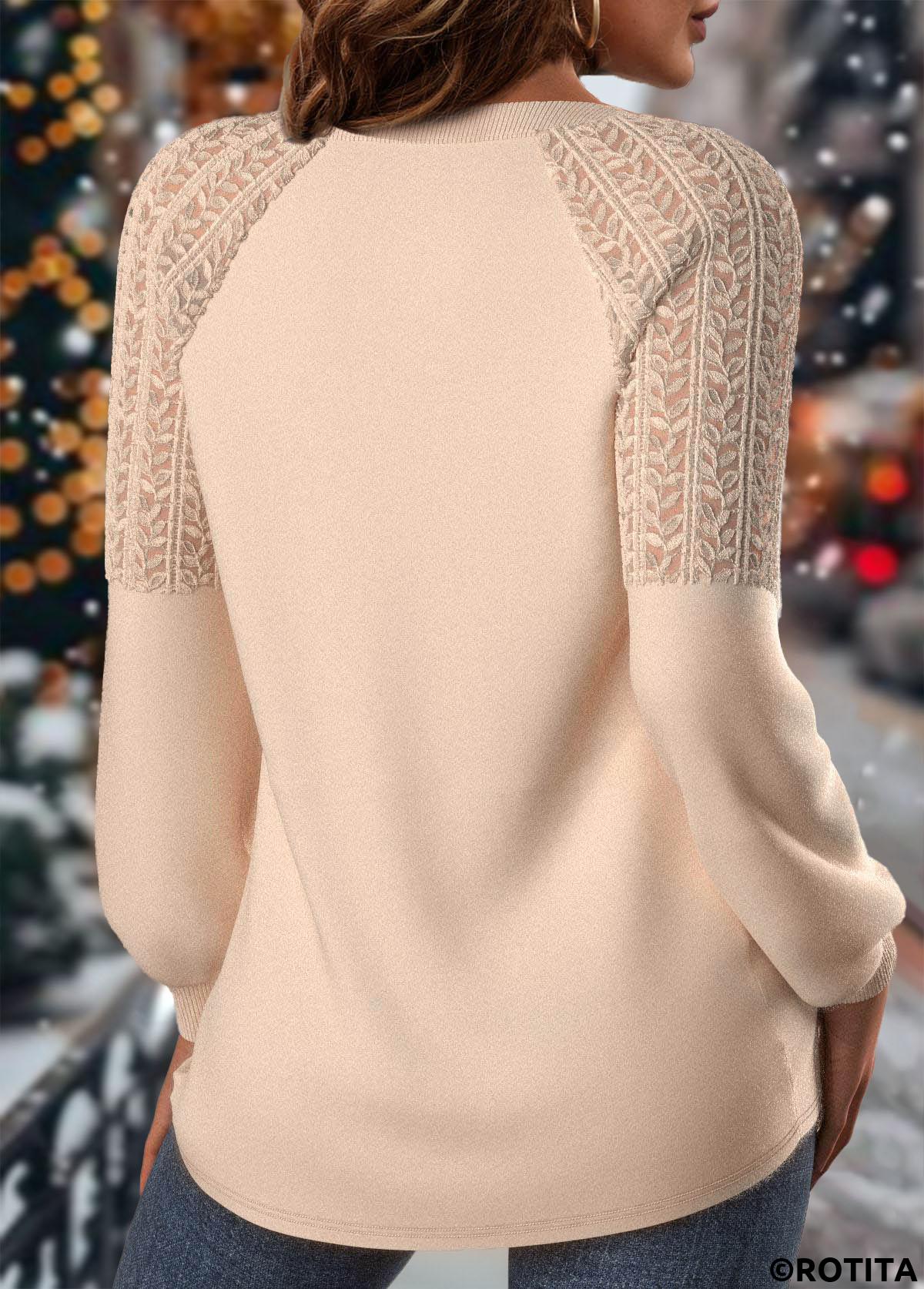 Skin Color tops,Christmas tops,ROTITA Christmas Lace Skin Color Round Neck Long Sleeve Sweatshirt