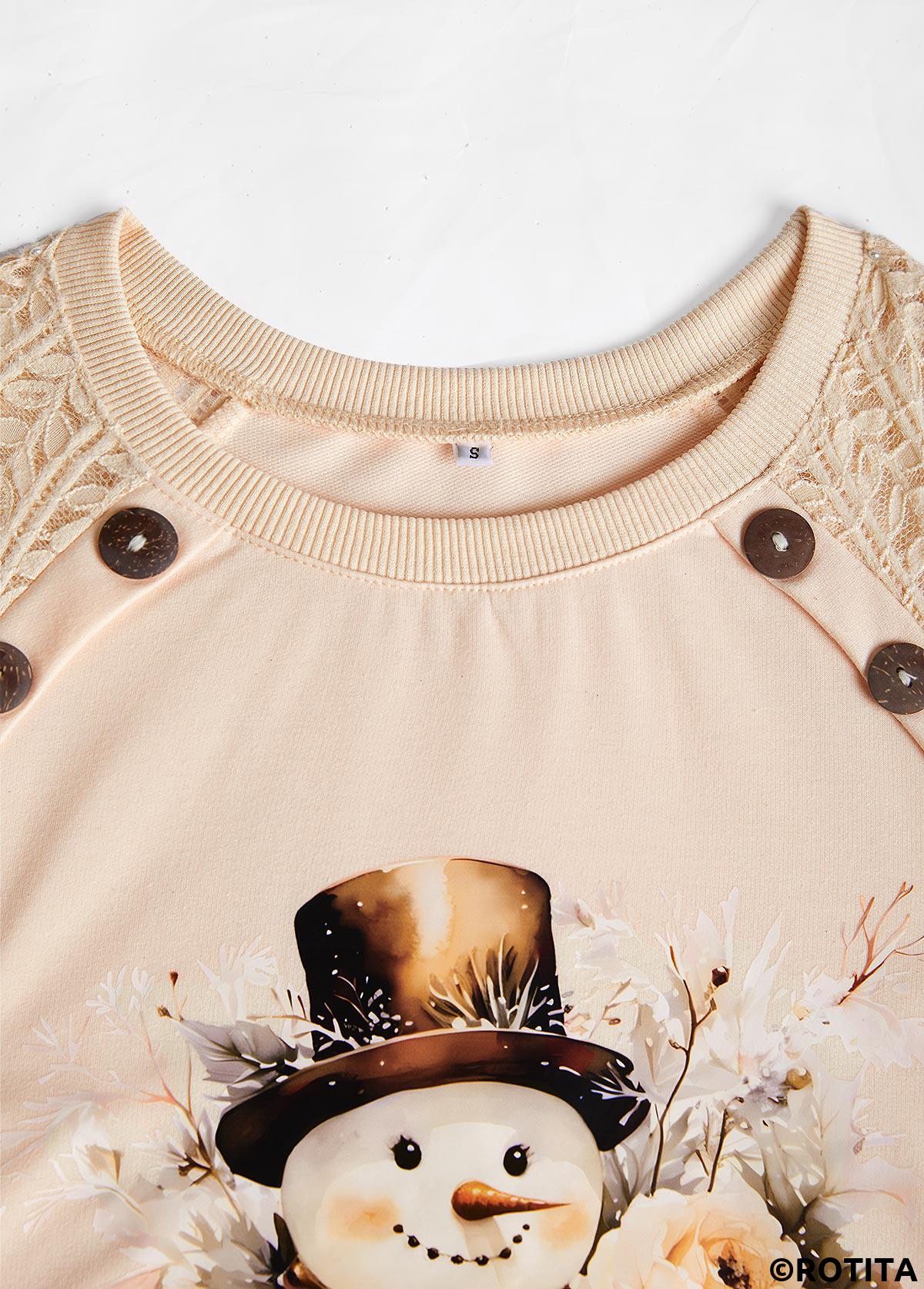 Skin Color tops,Christmas tops,ROTITA Christmas Lace Skin Color Round Neck Long Sleeve Sweatshirt