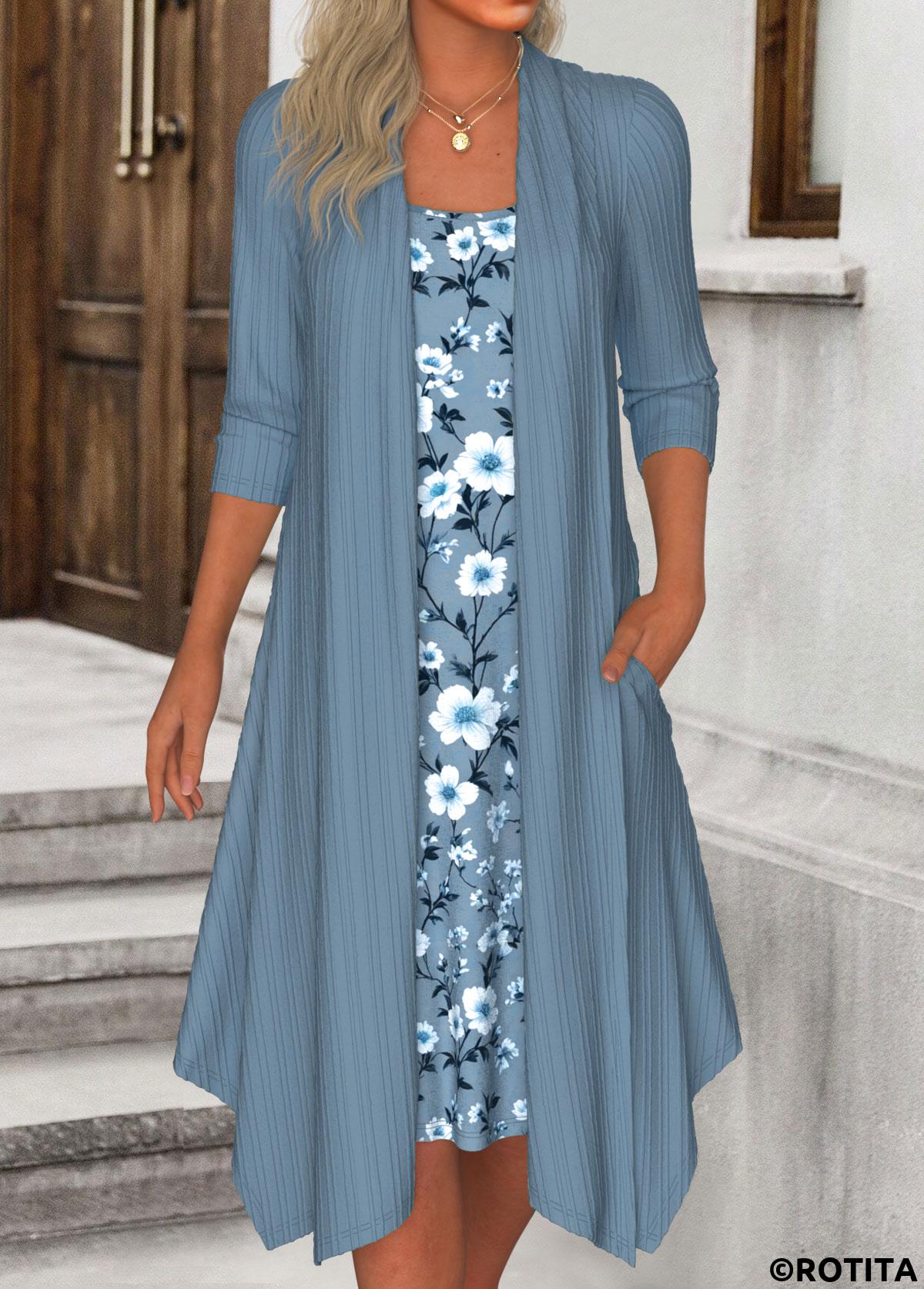 Dusty Blue dresses,Floral dresses,Plants dresses,Everyday dresses,Casual dresses,ROTITA Fake 2in1 Floral Print Dusty Blue A Line Dress