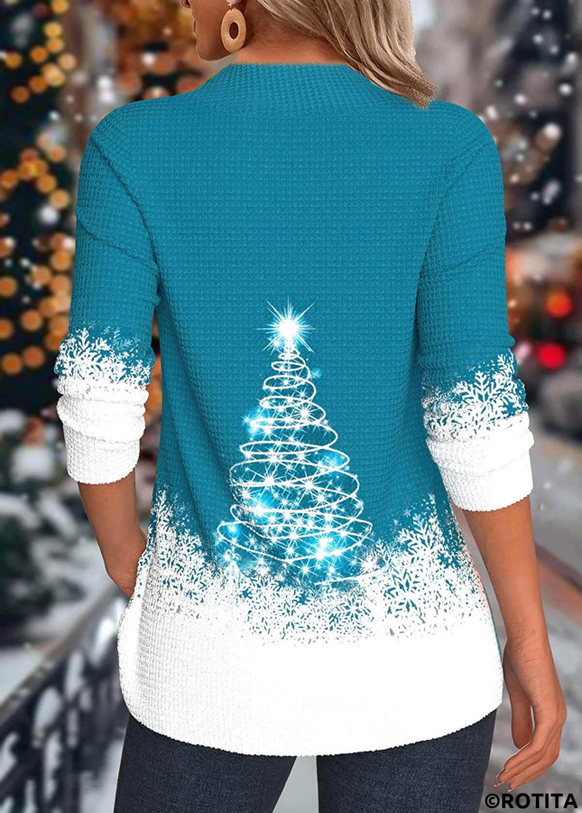 Türkises Sweatshirt mit asymmetrischem Ausschnitt und Weihnachtsbaum-Print von Rotita