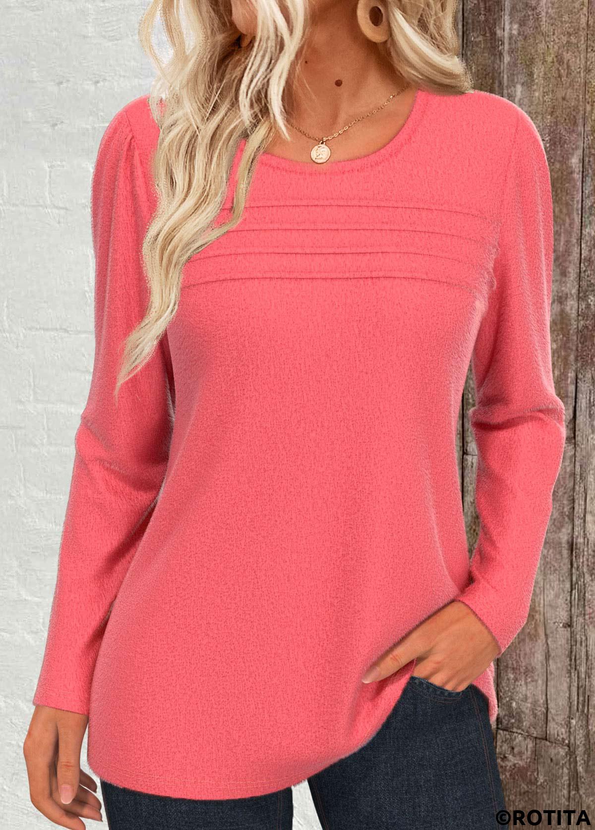 Coral tops,Plain Color tops,ROTITA Tuck Stitch Coral Round Neck Long Sleeve T Shirt