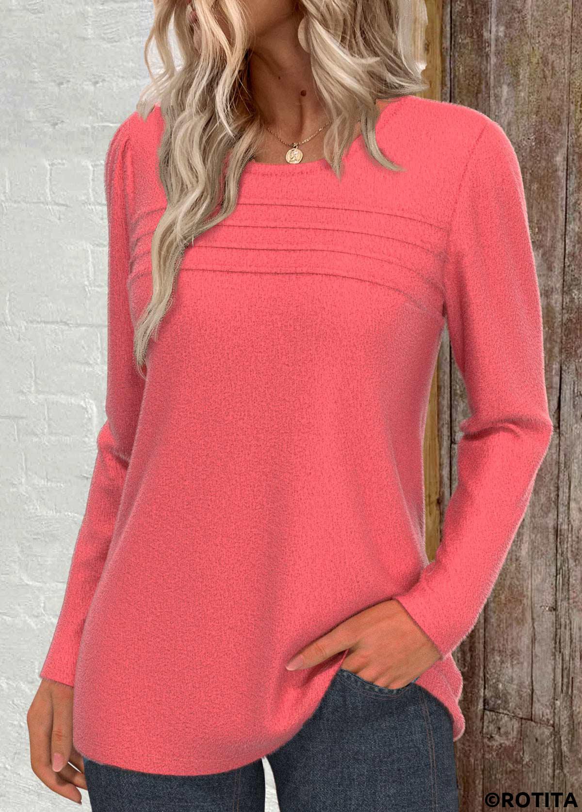Coral tops,Plain Color tops,ROTITA Tuck Stitch Coral Round Neck Long Sleeve T Shirt