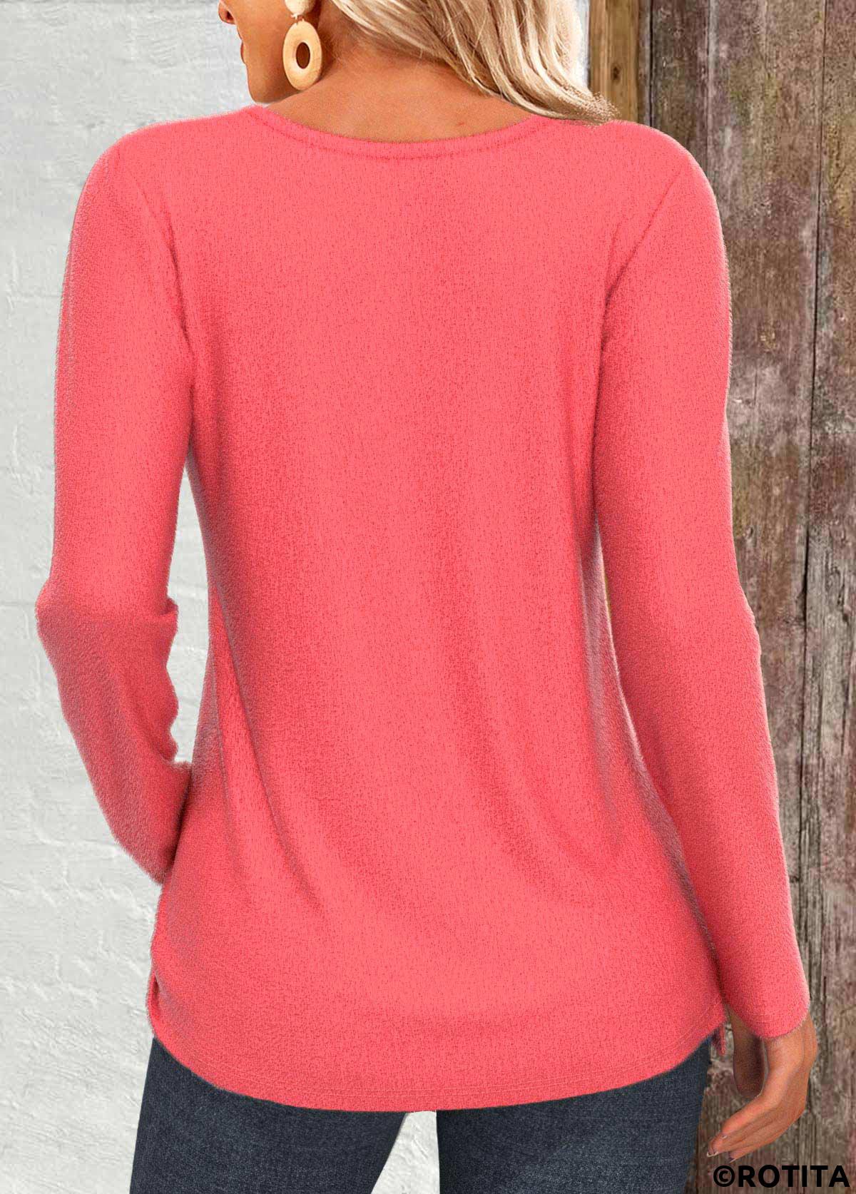 Coral tops,Plain Color tops,ROTITA Tuck Stitch Coral Round Neck Long Sleeve T Shirt