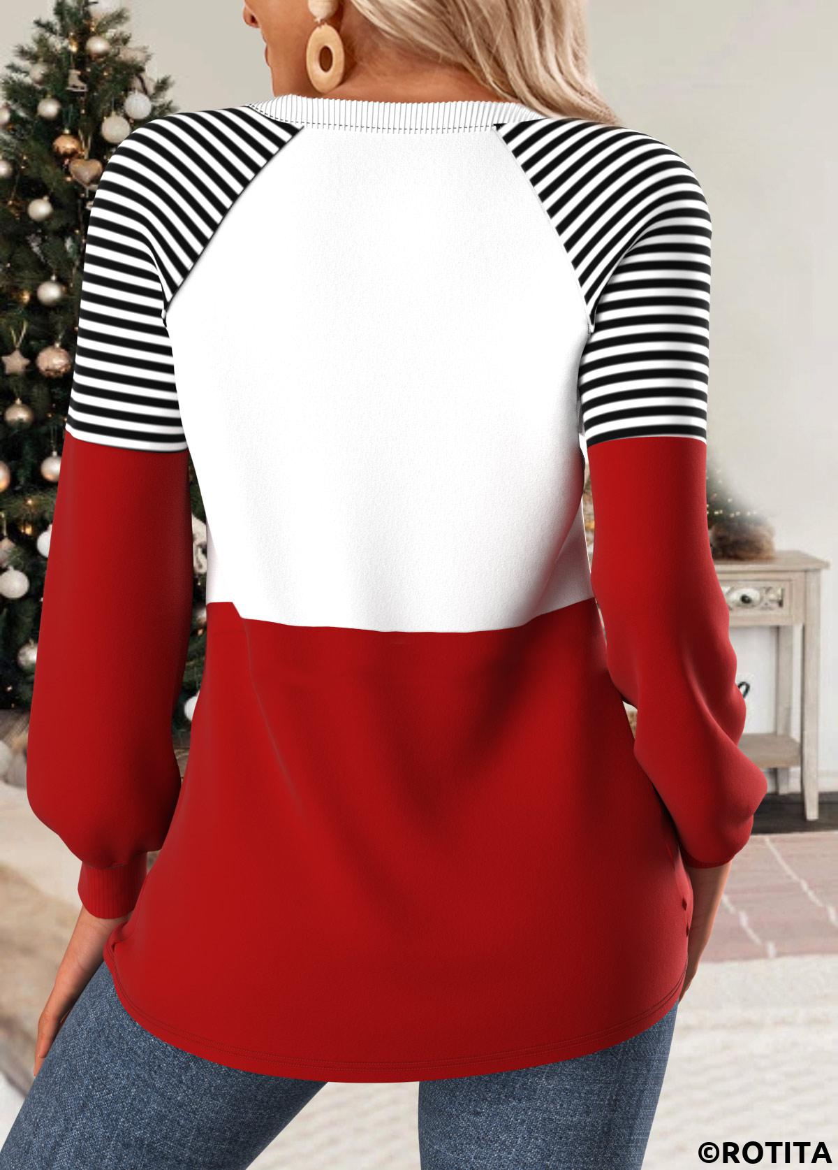 Multi Color tops,Christmas tops,Geometric tops,ROTITA Christmas Patchwork Snowman Print Multi Color Round Neck Sweatshirt