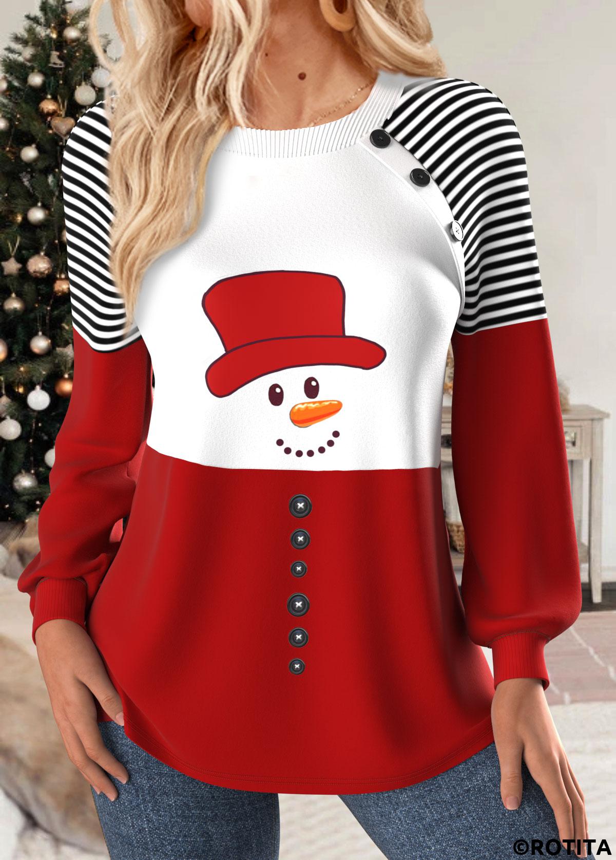 Multi Color tops,Christmas tops,Geometric tops,ROTITA Christmas Patchwork Snowman Print Multi Color Round Neck Sweatshirt