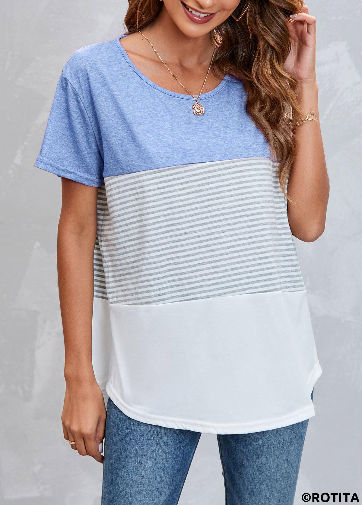 White tops,Striped tops,Round Neck Light Blue Striped T Shirt