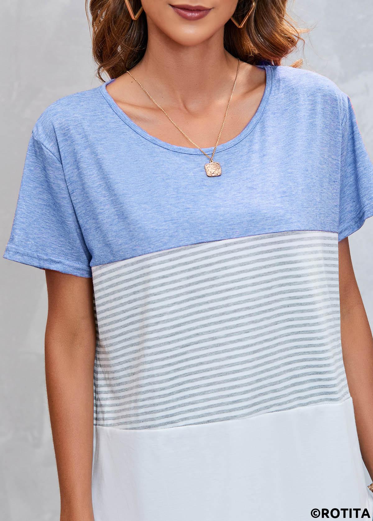 White tops,Striped tops,Round Neck Light Blue Striped T Shirt