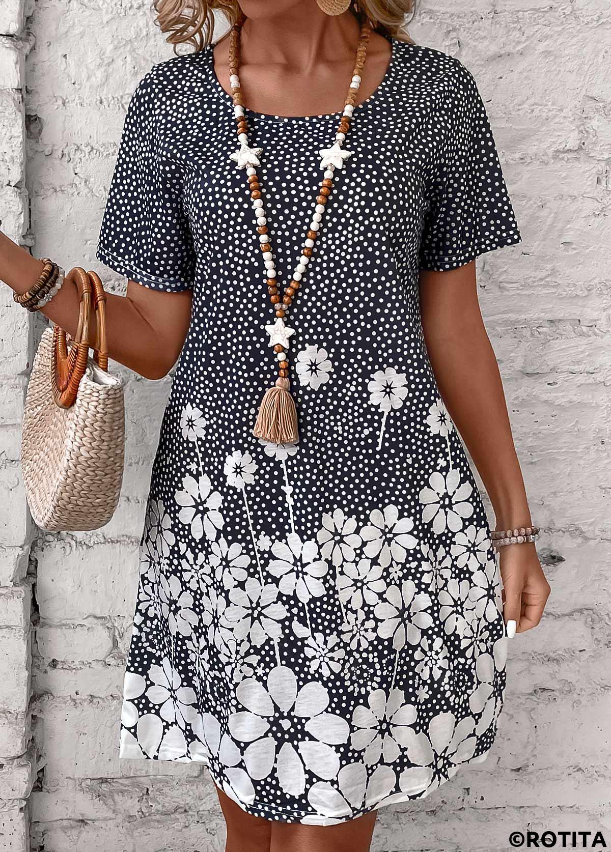Black dresses,White dresses,Floral dresses,Plants dresses,Everyday dresses,Casual dresses,Pocket Floral Print Black Short Round Neck Dress