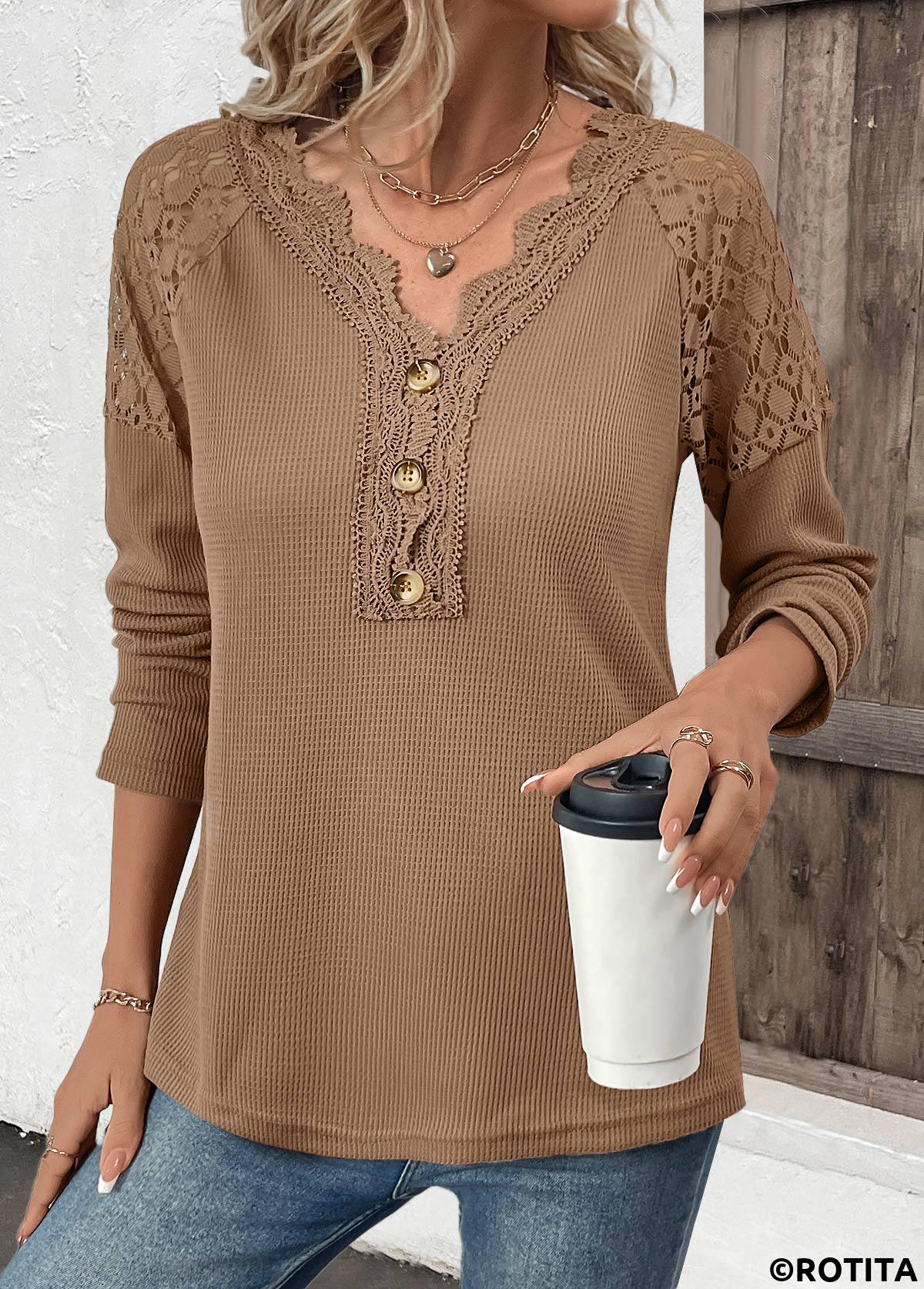 Dark Camel tops,Plain Color tops,ROTITA Embroidery Dark Camel V Neck Long Sleeve T Shirt
