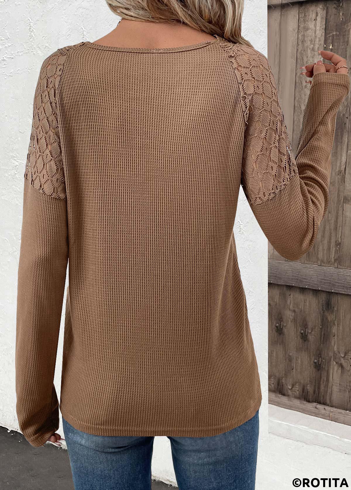 Dark Camel tops,Plain Color tops,ROTITA Embroidery Dark Camel V Neck Long Sleeve T Shirt