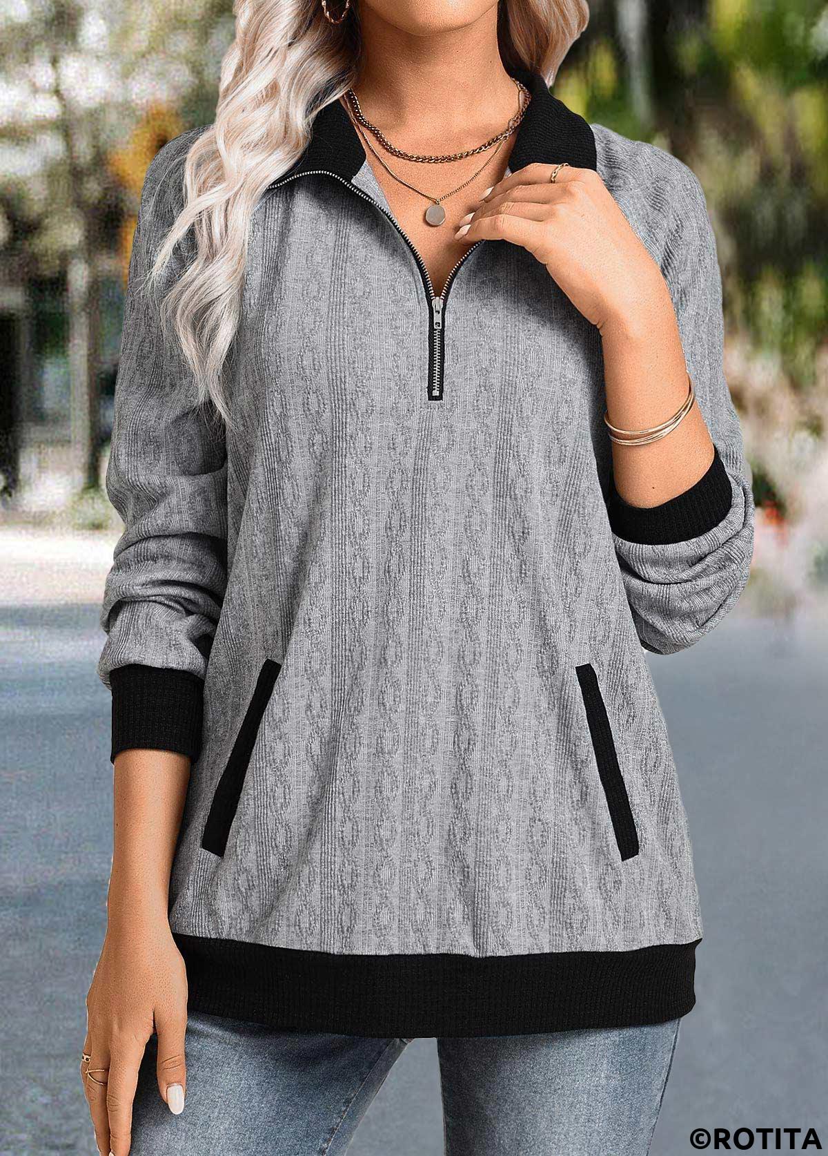 Grey tops,Contrast Color tops,ROTITA Zipper Grey Shirt Collar Long Sleeve Sweatshirt