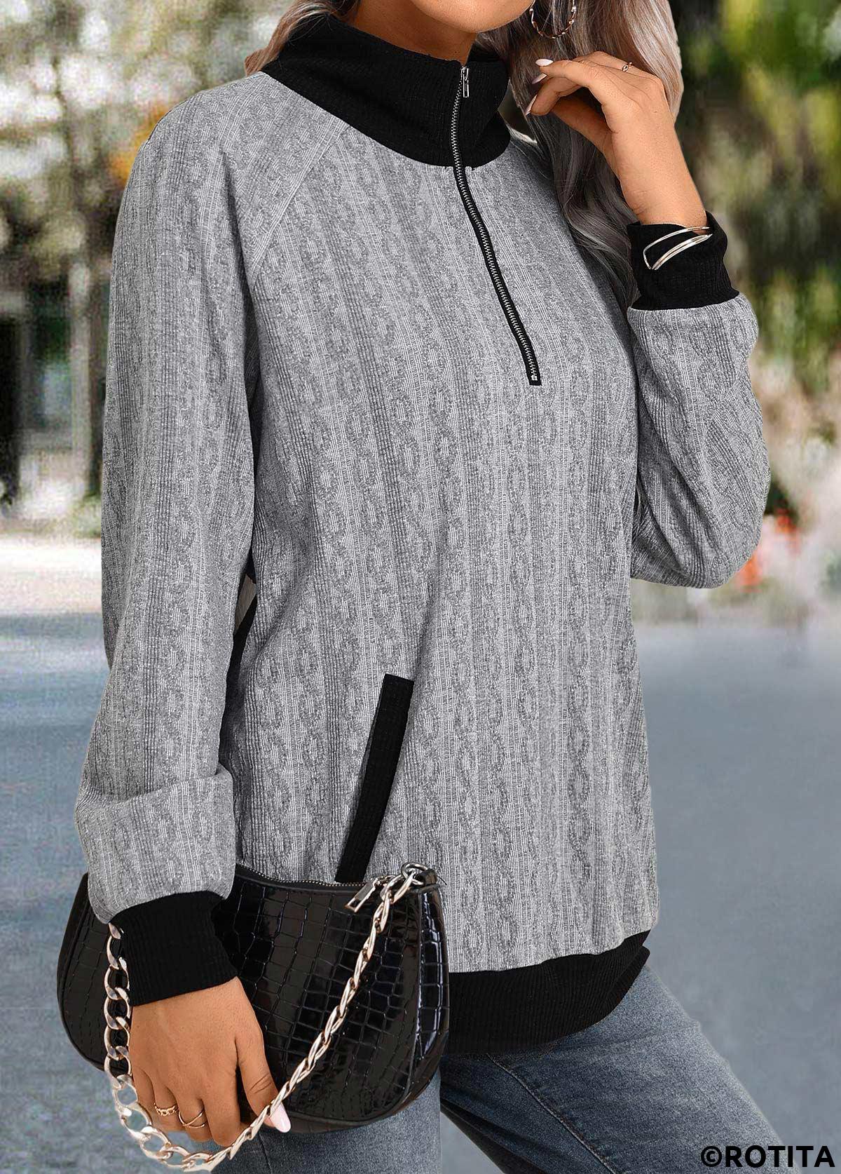 Grey tops,Contrast Color tops,ROTITA Zipper Grey Shirt Collar Long Sleeve Sweatshirt
