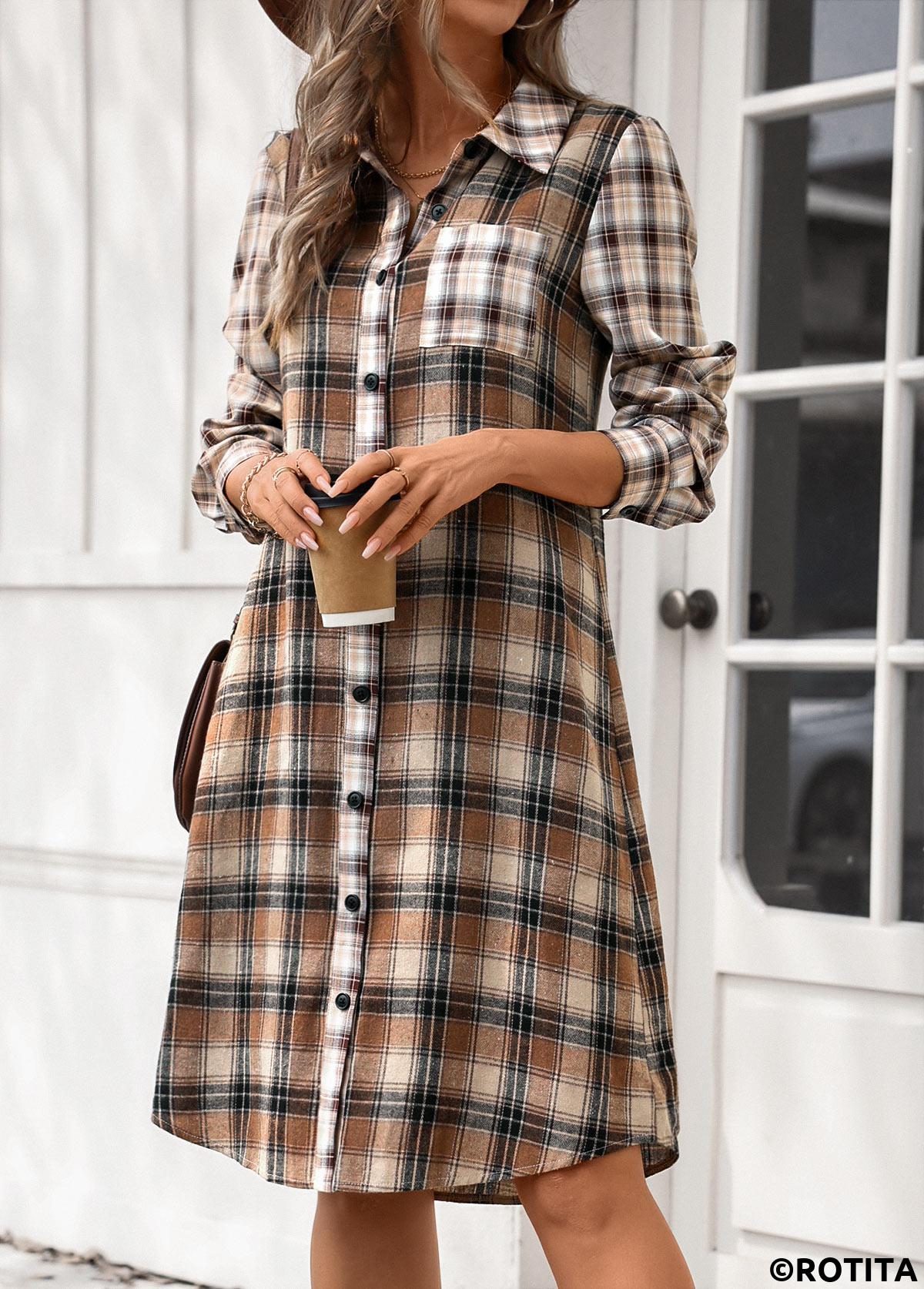 Dark Coffee dresses,Plaid dresses,Striped dresses,Geometric dresses,Everyday dresses,Casual dresses,ROTITA Button Plaid Dark Coffee A Line Shirt Collar Dress