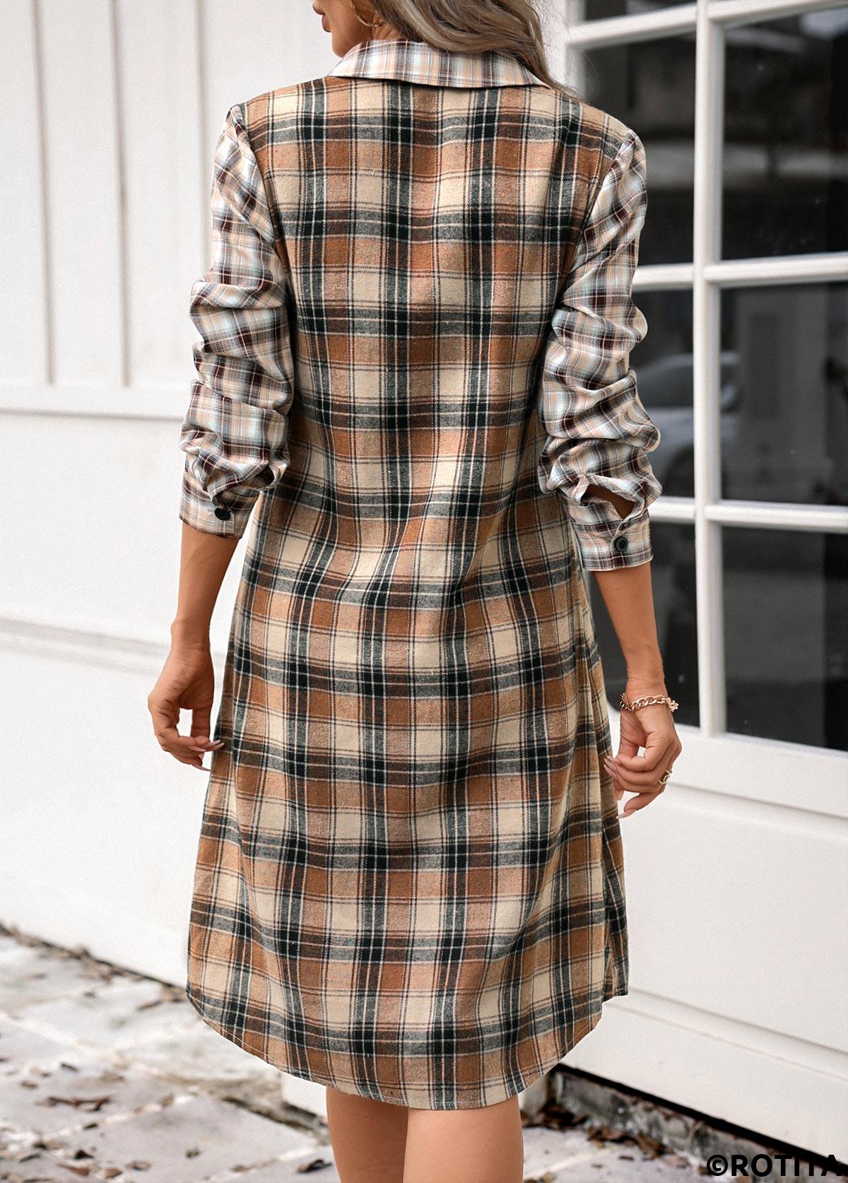 Dark Coffee dresses,Plaid dresses,Striped dresses,Geometric dresses,Everyday dresses,Casual dresses,ROTITA Button Plaid Dark Coffee A Line Shirt Collar Dress