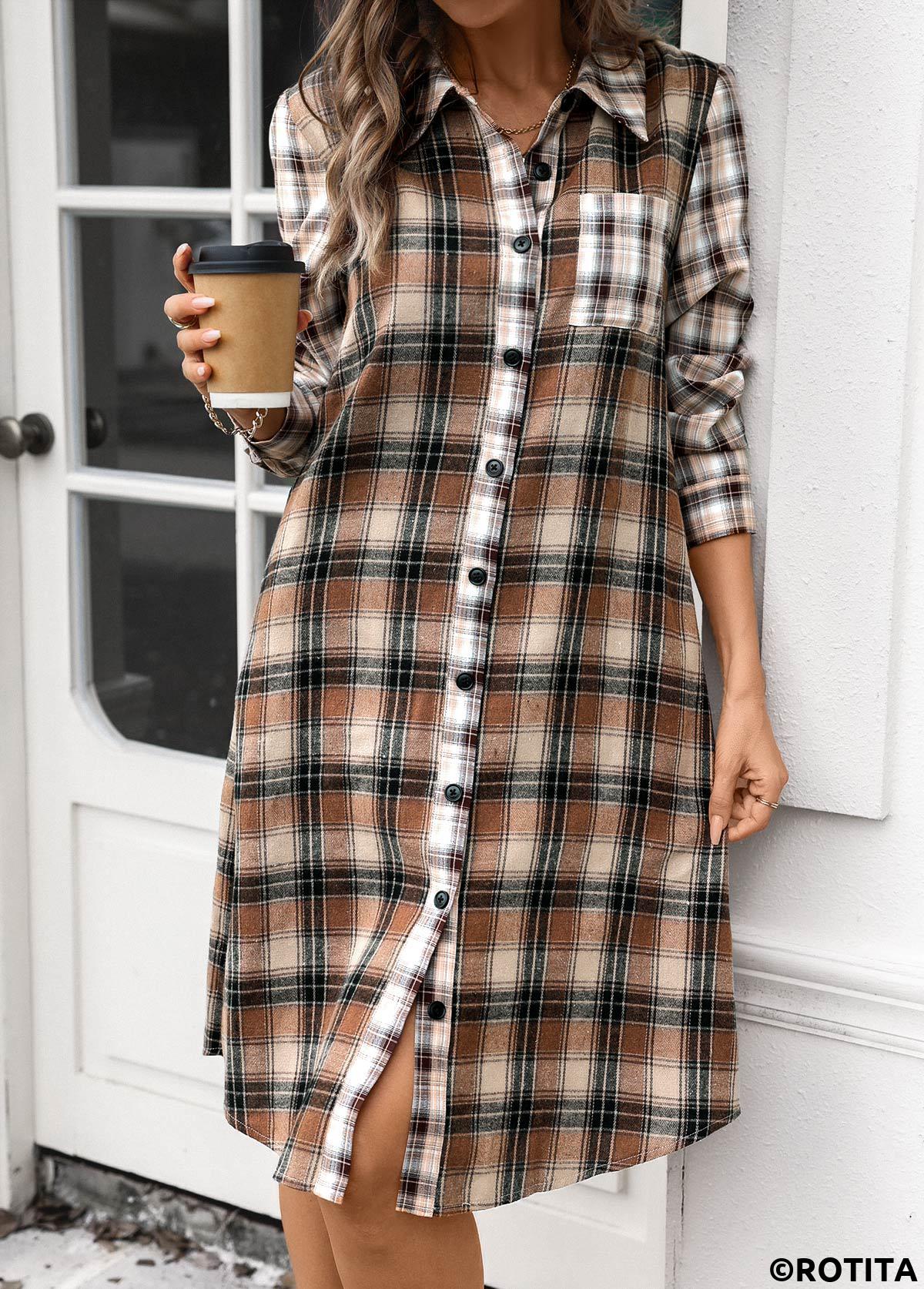 Dark Coffee dresses,Plaid dresses,Striped dresses,Geometric dresses,Everyday dresses,Casual dresses,ROTITA Button Plaid Dark Coffee A Line Shirt Collar Dress