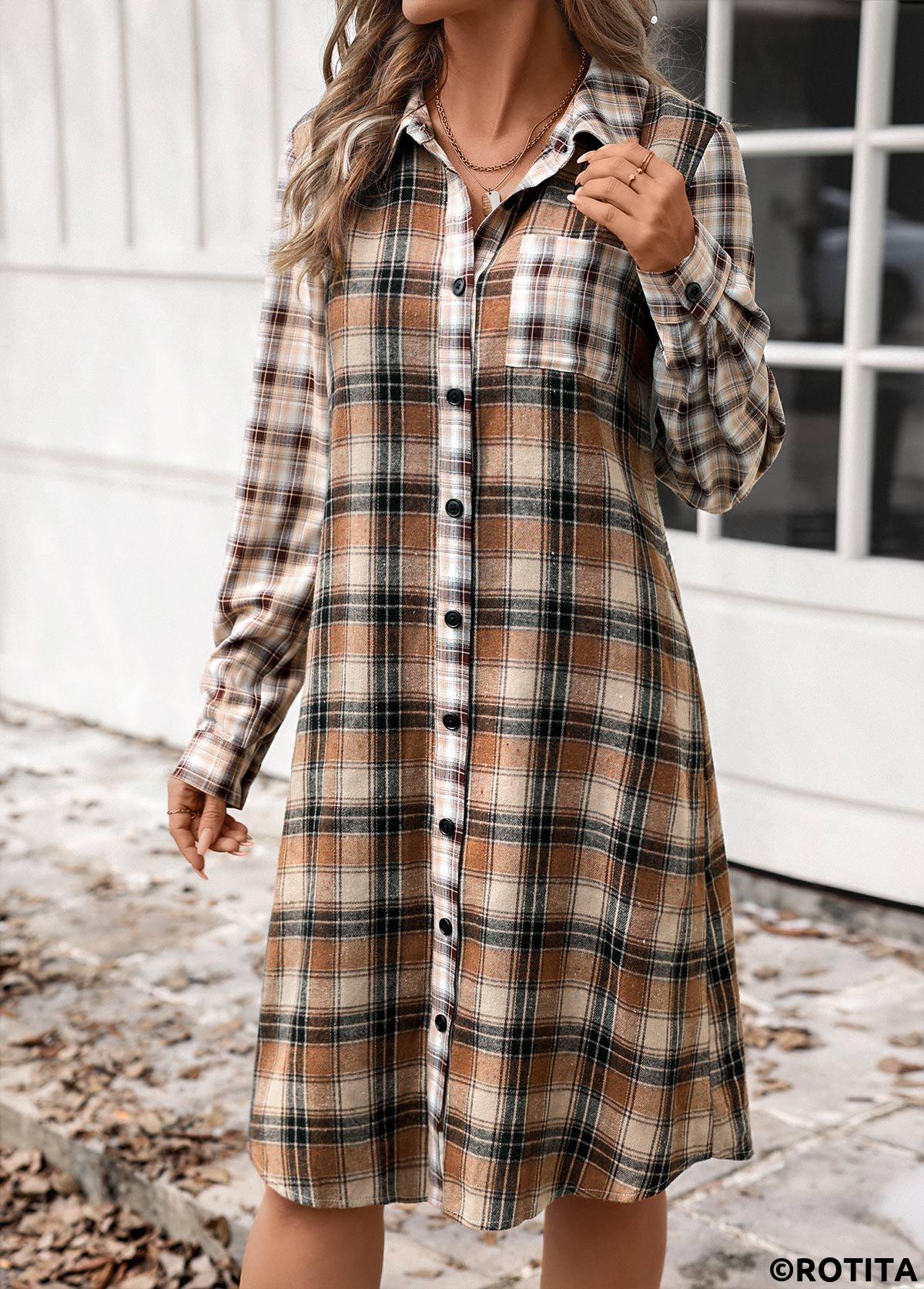 Dark Coffee dresses,Plaid dresses,Striped dresses,Geometric dresses,Everyday dresses,Casual dresses,ROTITA Button Plaid Dark Coffee A Line Shirt Collar Dress