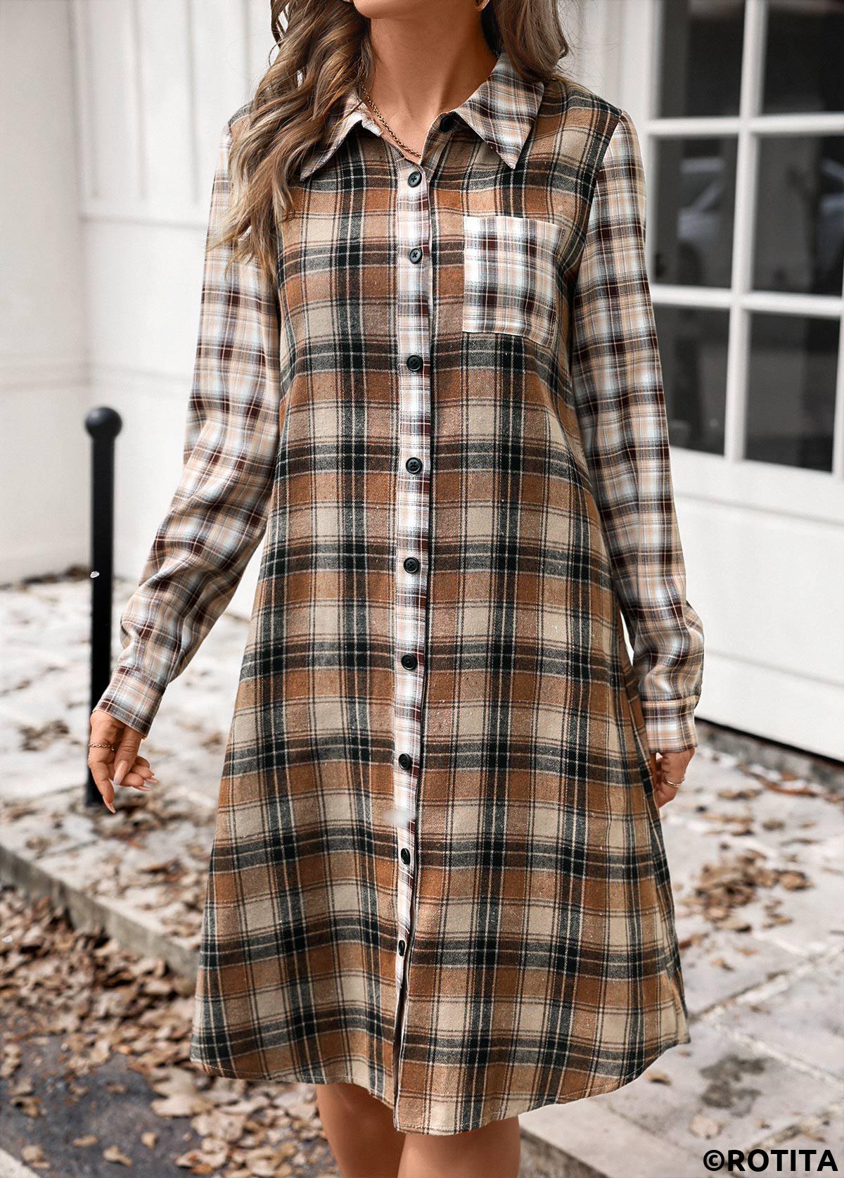 Dark Coffee dresses,Plaid dresses,Striped dresses,Geometric dresses,Everyday dresses,Casual dresses,ROTITA Button Plaid Dark Coffee A Line Shirt Collar Dress