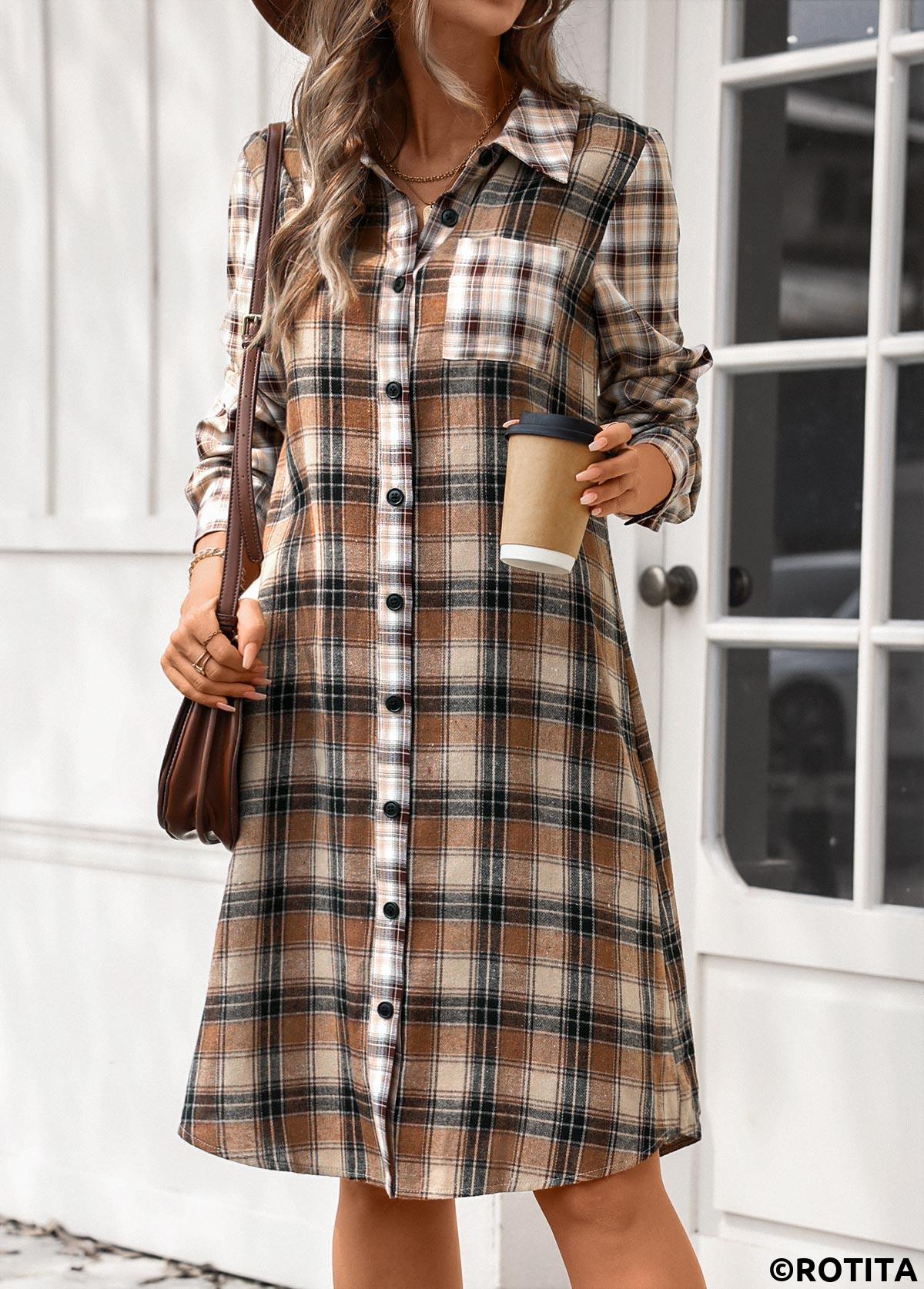 Dark Coffee dresses,Plaid dresses,Striped dresses,Geometric dresses,Everyday dresses,Casual dresses,ROTITA Button Plaid Dark Coffee A Line Shirt Collar Dress
