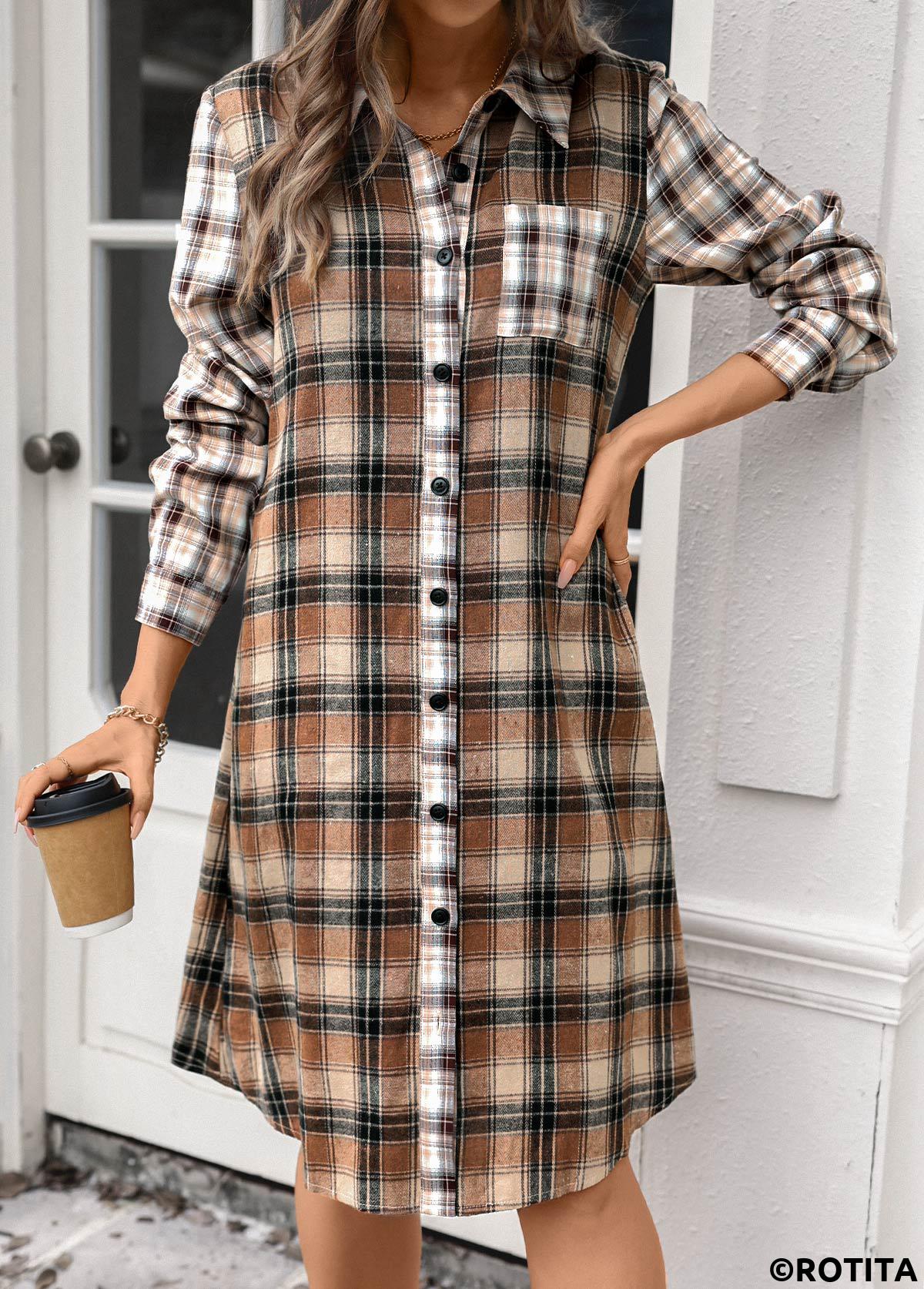 Dark Coffee dresses,Plaid dresses,Striped dresses,Geometric dresses,Everyday dresses,Casual dresses,ROTITA Button Plaid Dark Coffee A Line Shirt Collar Dress