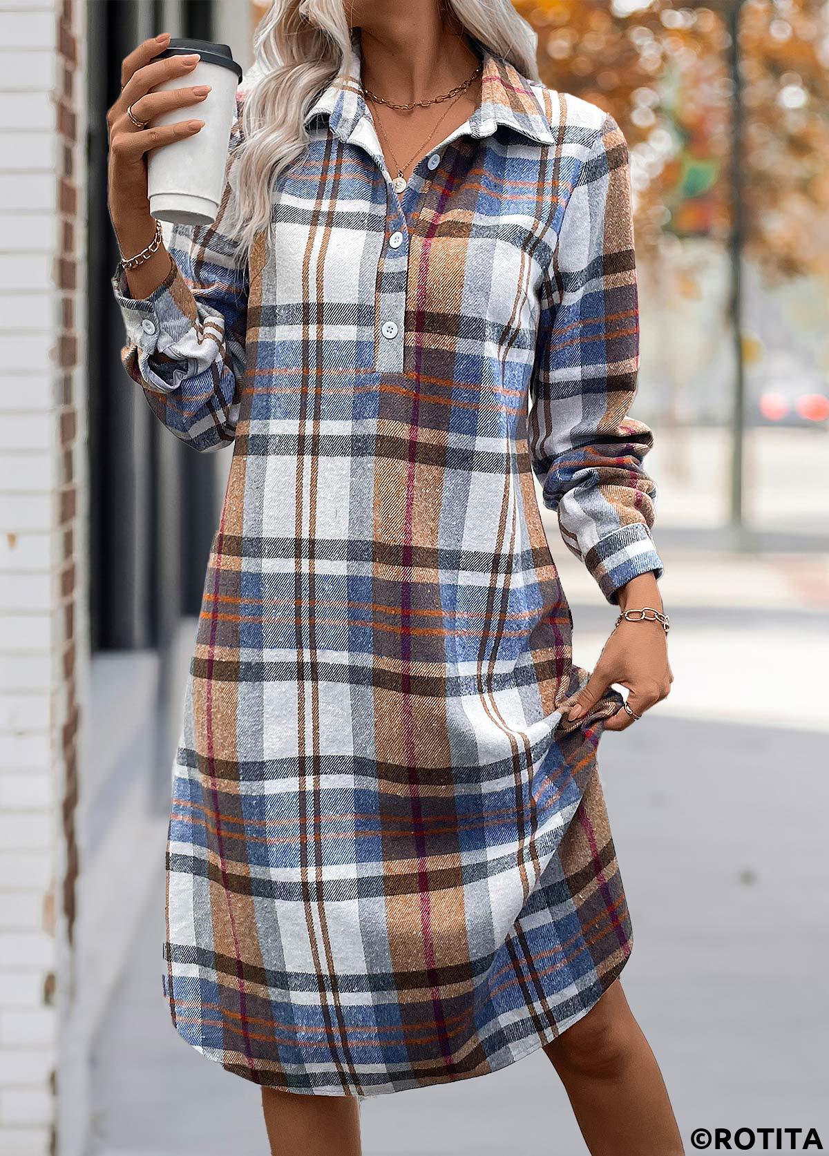 Multi Color plus size,Plaid plus size,ROTITA Plus Size Button Multi Color Plaid A Line Dress