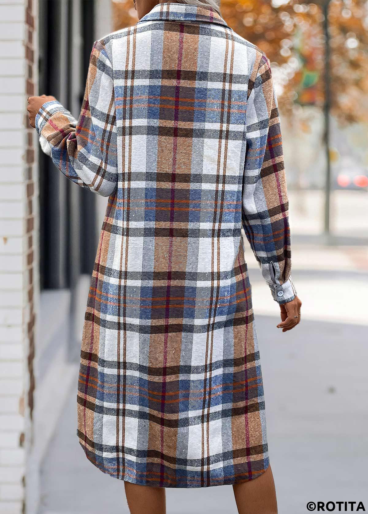 Multi Color dresses,Plaid dresses,Everyday dresses,Casual dresses,ROTITA Tummy Coverage Plaid Multi Color Shirt Collar Dress