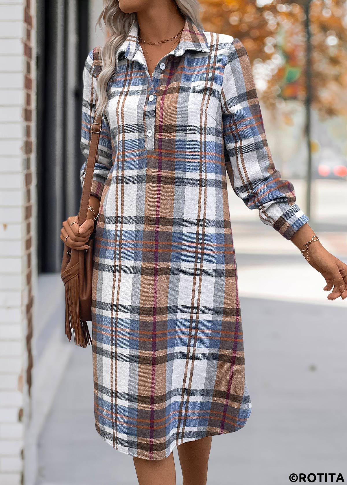 Multi Color plus size,Plaid plus size,ROTITA Plus Size Button Multi Color Plaid A Line Dress