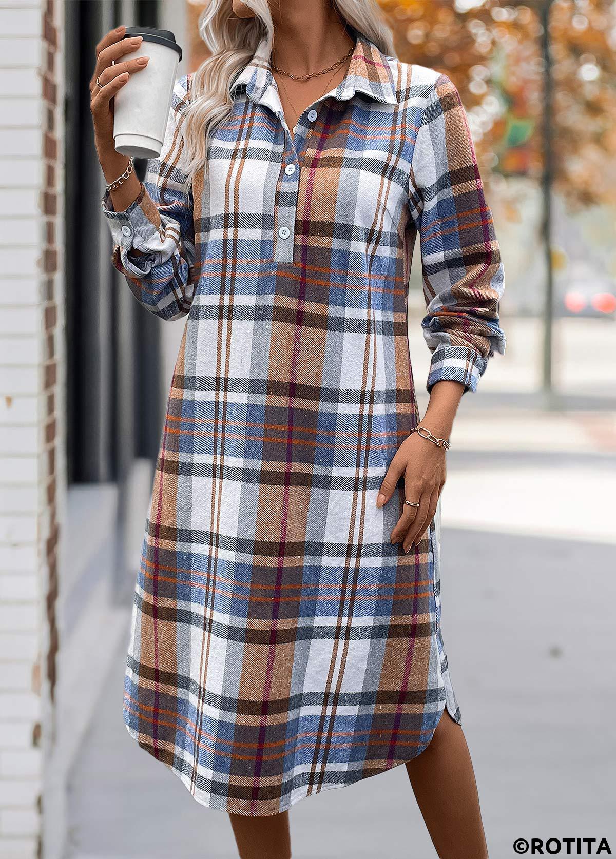 Multi Color plus size,Plaid plus size,ROTITA Plus Size Button Multi Color Plaid A Line Dress