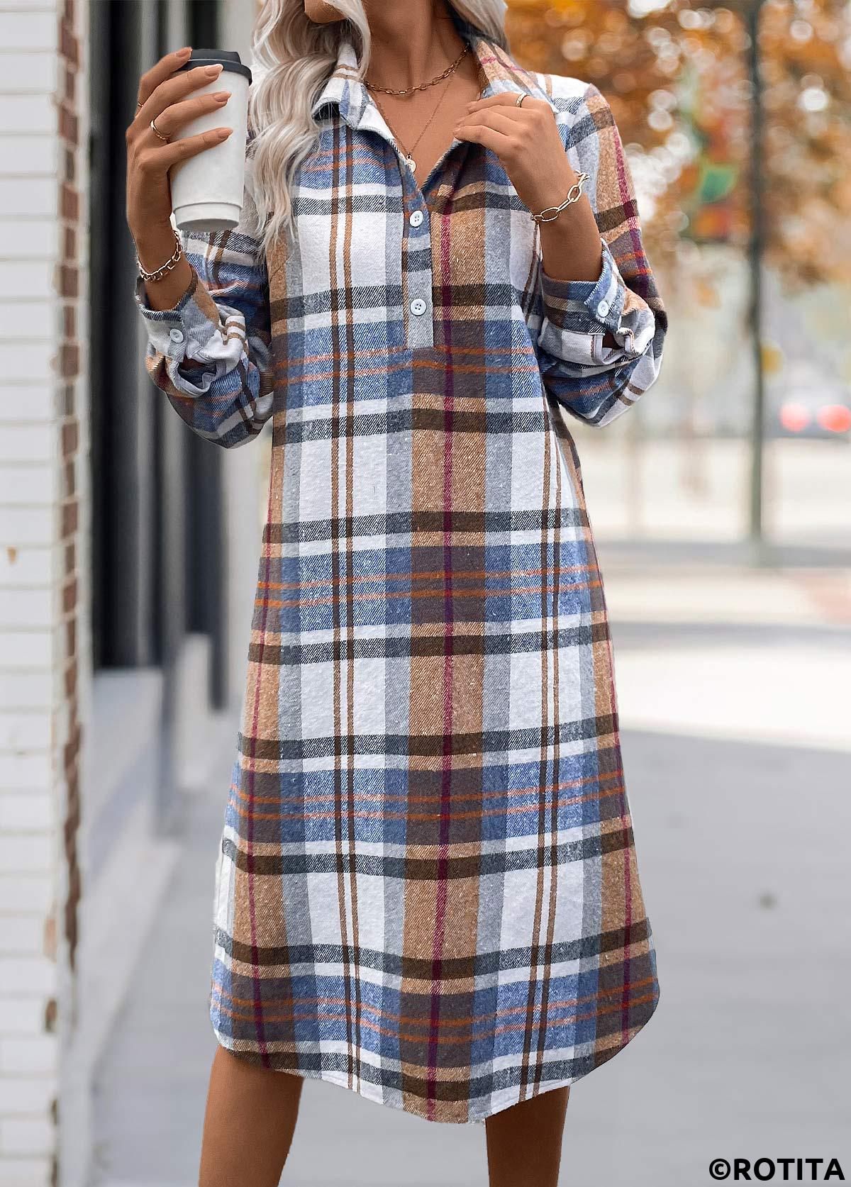 Multi Color plus size,Plaid plus size,ROTITA Plus Size Button Multi Color Plaid A Line Dress