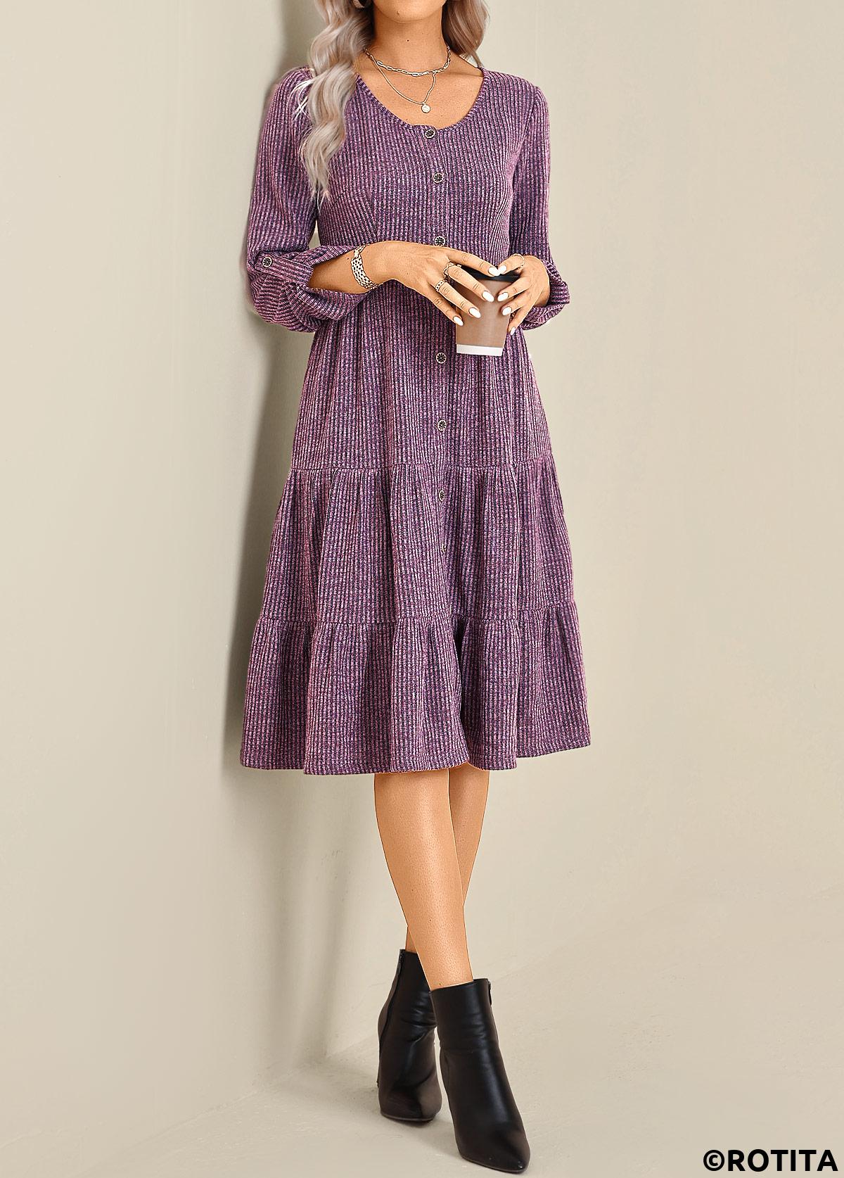 robe à manches longues et col rond violet à boutons Rotita