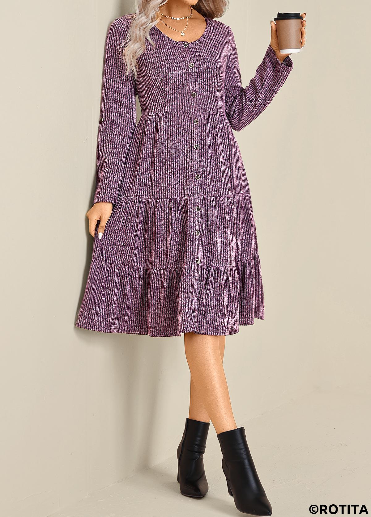 robe à manches longues et col rond violet à boutons Rotita