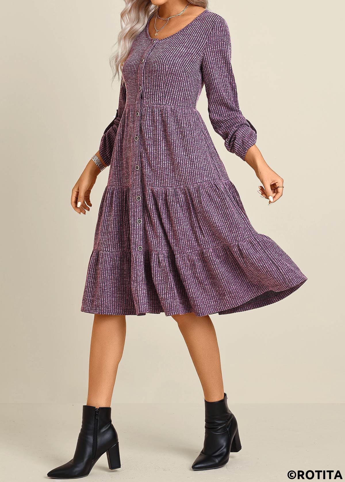 robe à manches longues et col rond violet à boutons Rotita
