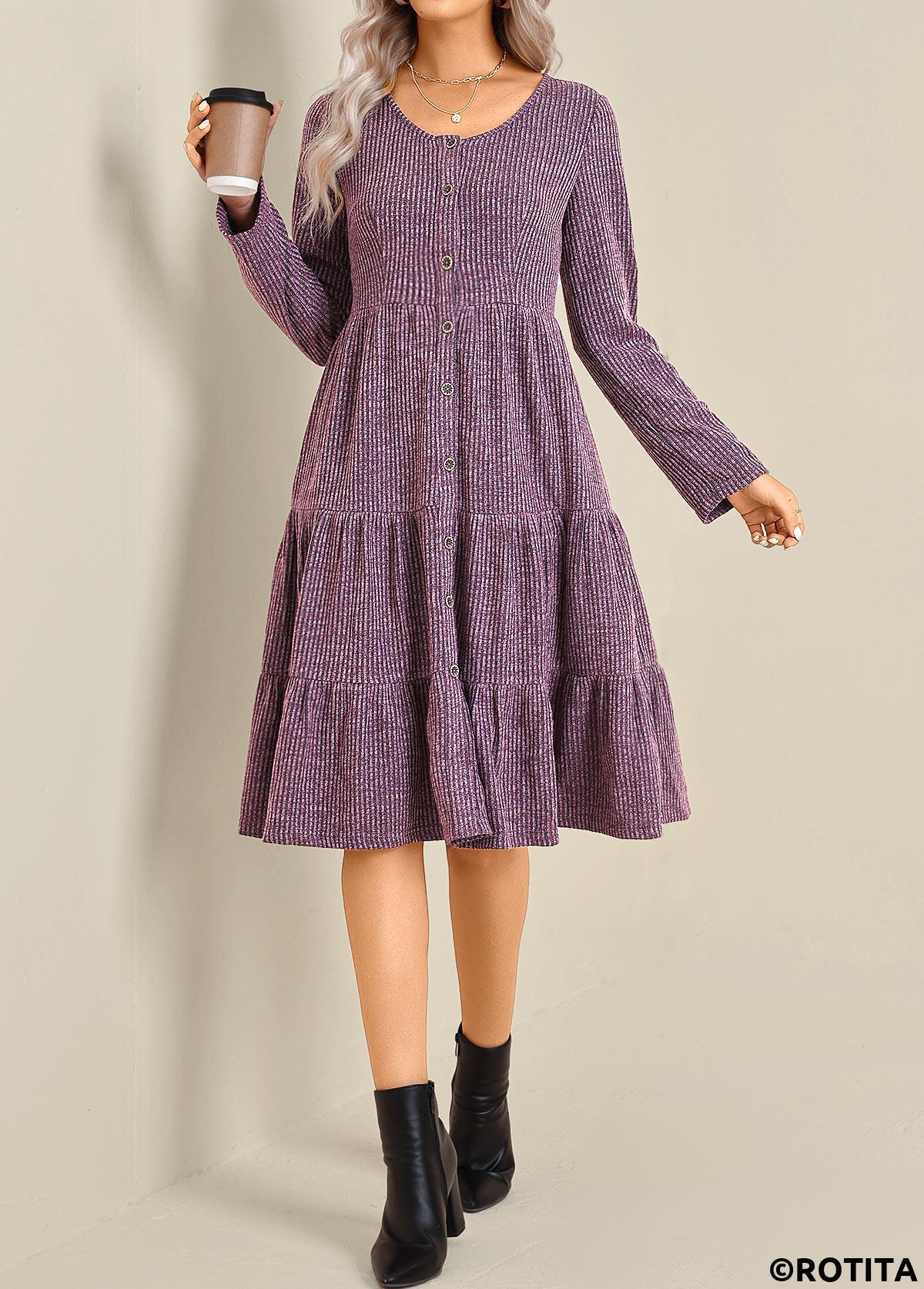 robe à manches longues et col rond violet à boutons Rotita
