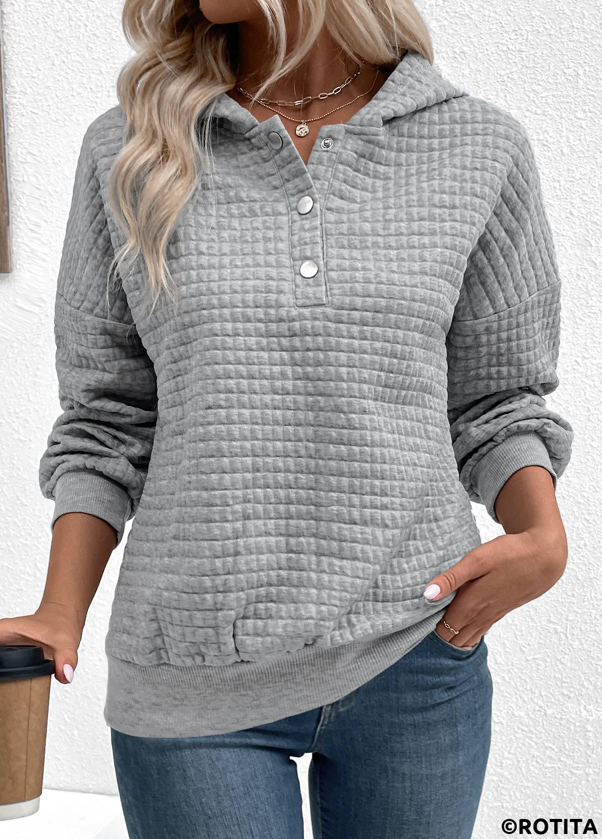 Sweat à capuche jacquard à manches longues et boutons-pression gris Rotita