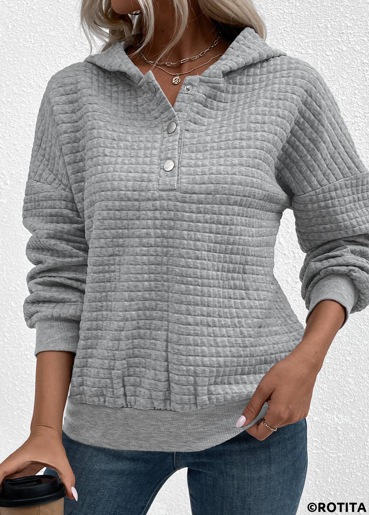 Sweat à capuche jacquard à manches longues et boutons-pression gris Rotita