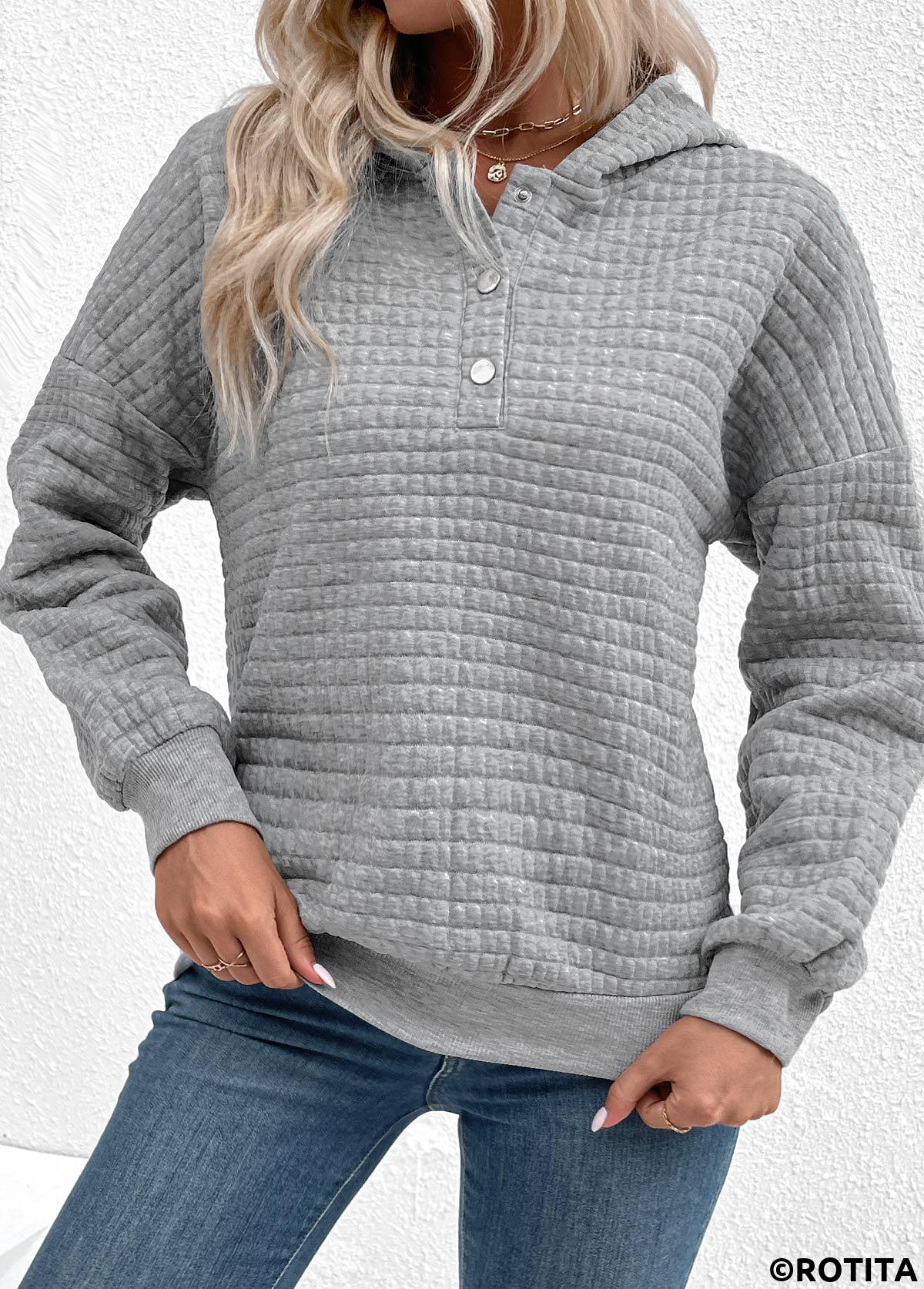 Sweat à capuche jacquard à manches longues et boutons-pression gris Rotita
