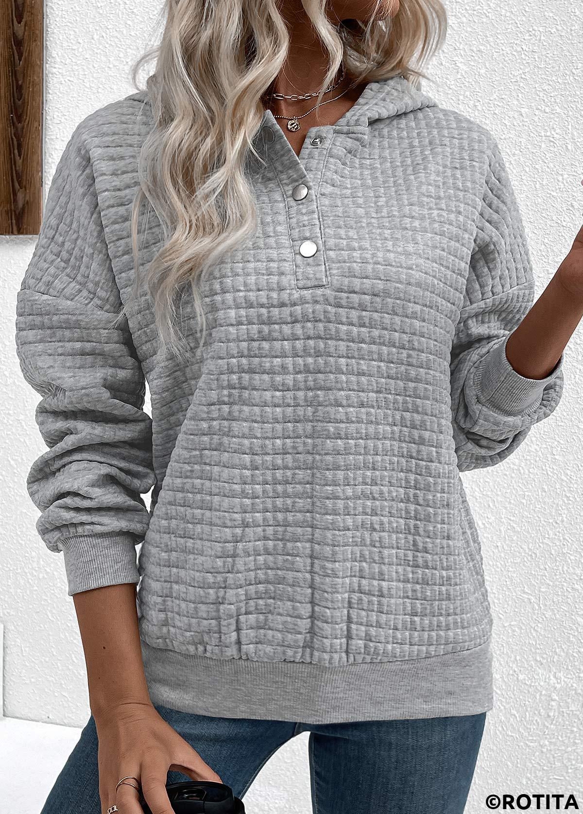 Sweat à capuche jacquard à manches longues et boutons-pression gris Rotita