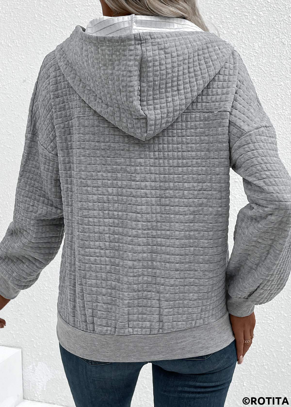 Sweat à capuche jacquard à manches longues et boutons-pression gris Rotita