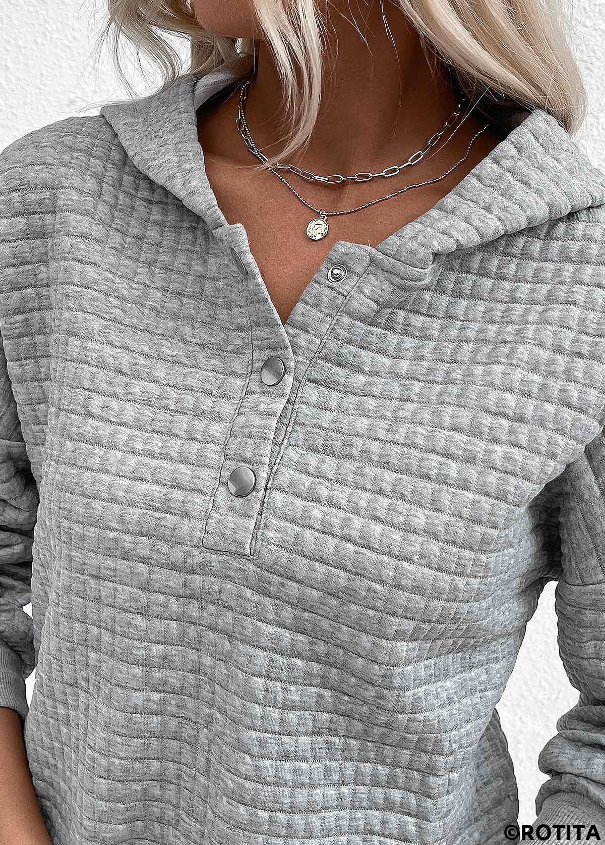 Sweat à capuche jacquard à manches longues et boutons-pression gris Rotita