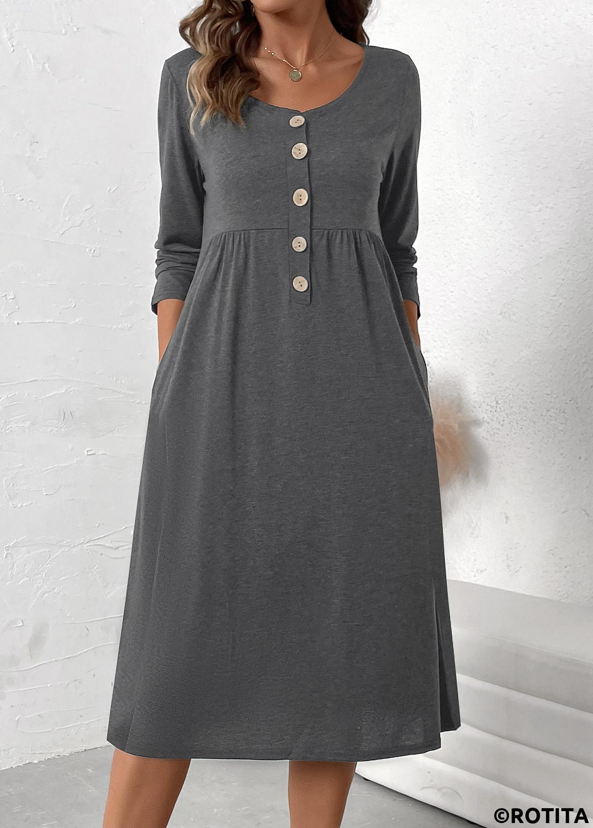 Rotita-Knopf – dunkelgrau meliertes Kleid mit Rundhalsausschnitt und langen Ärmeln