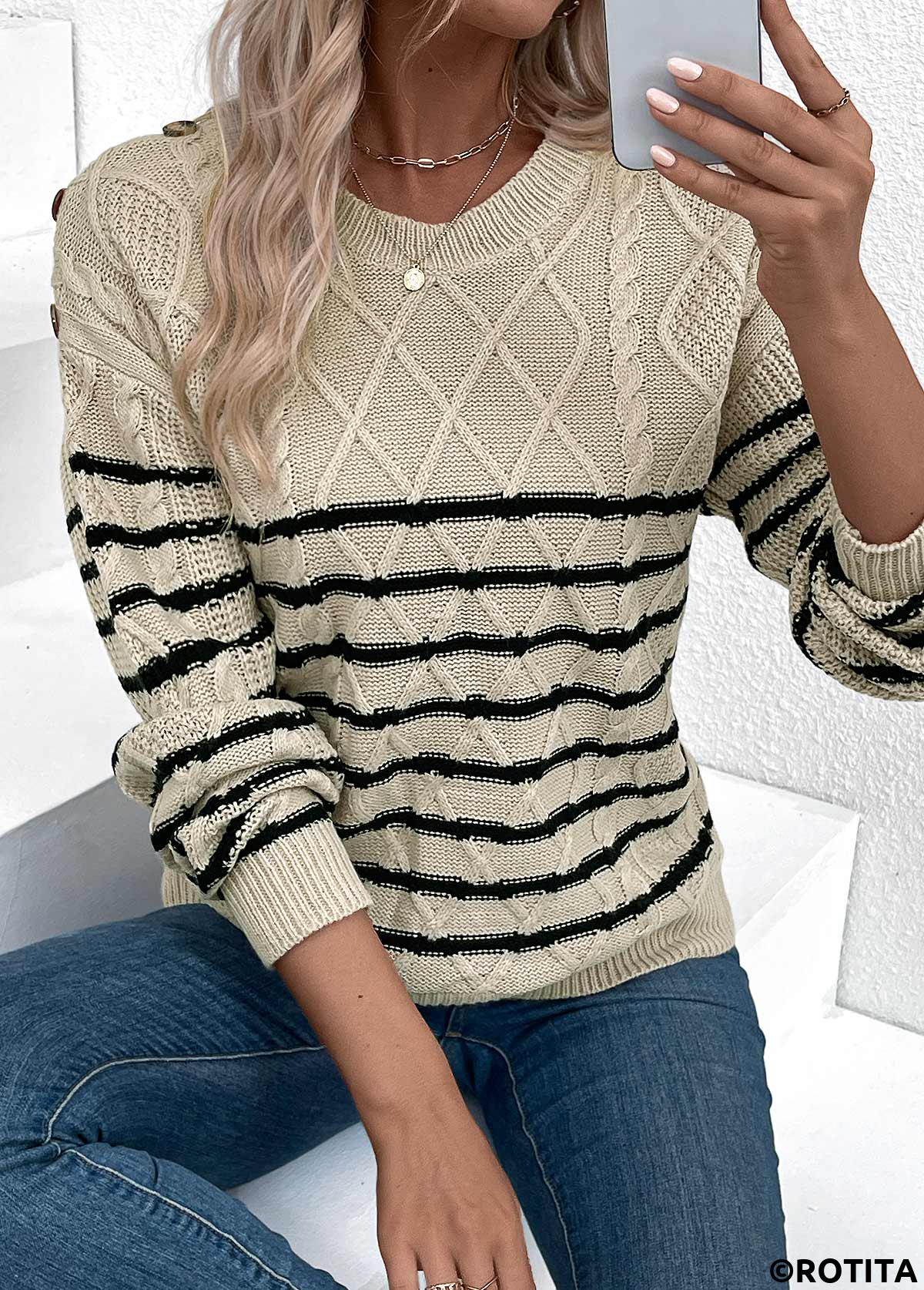 Light Camel tops,Striped tops,Geometric tops,Striped Light Camel Round Neck Long Sleeve Sweater