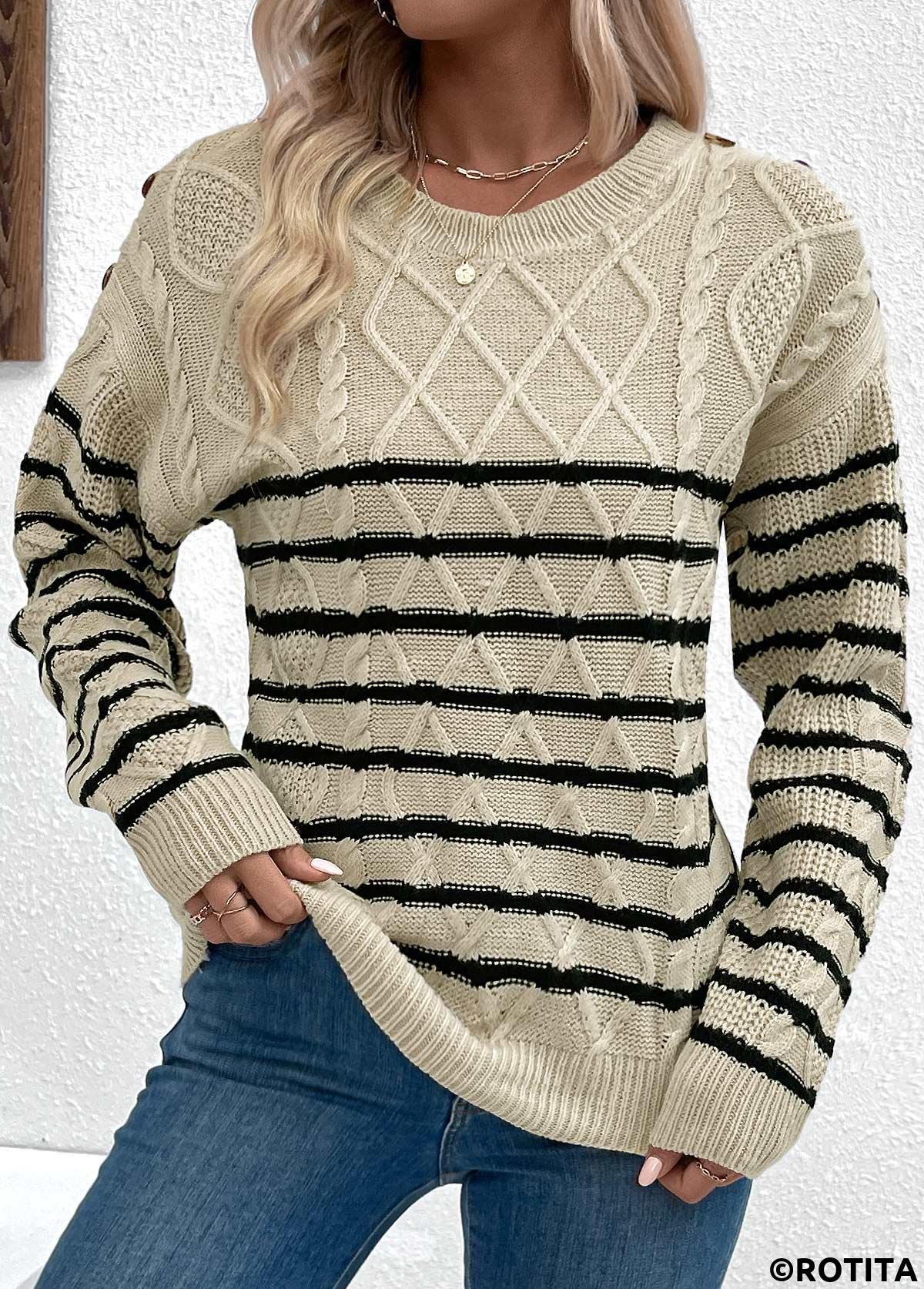 Light Camel tops,Striped tops,Geometric tops,Striped Light Camel Round Neck Long Sleeve Sweater