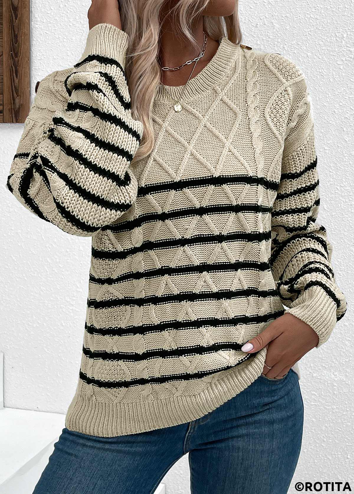 Light Camel tops,Striped tops,Geometric tops,Striped Light Camel Round Neck Long Sleeve Sweater