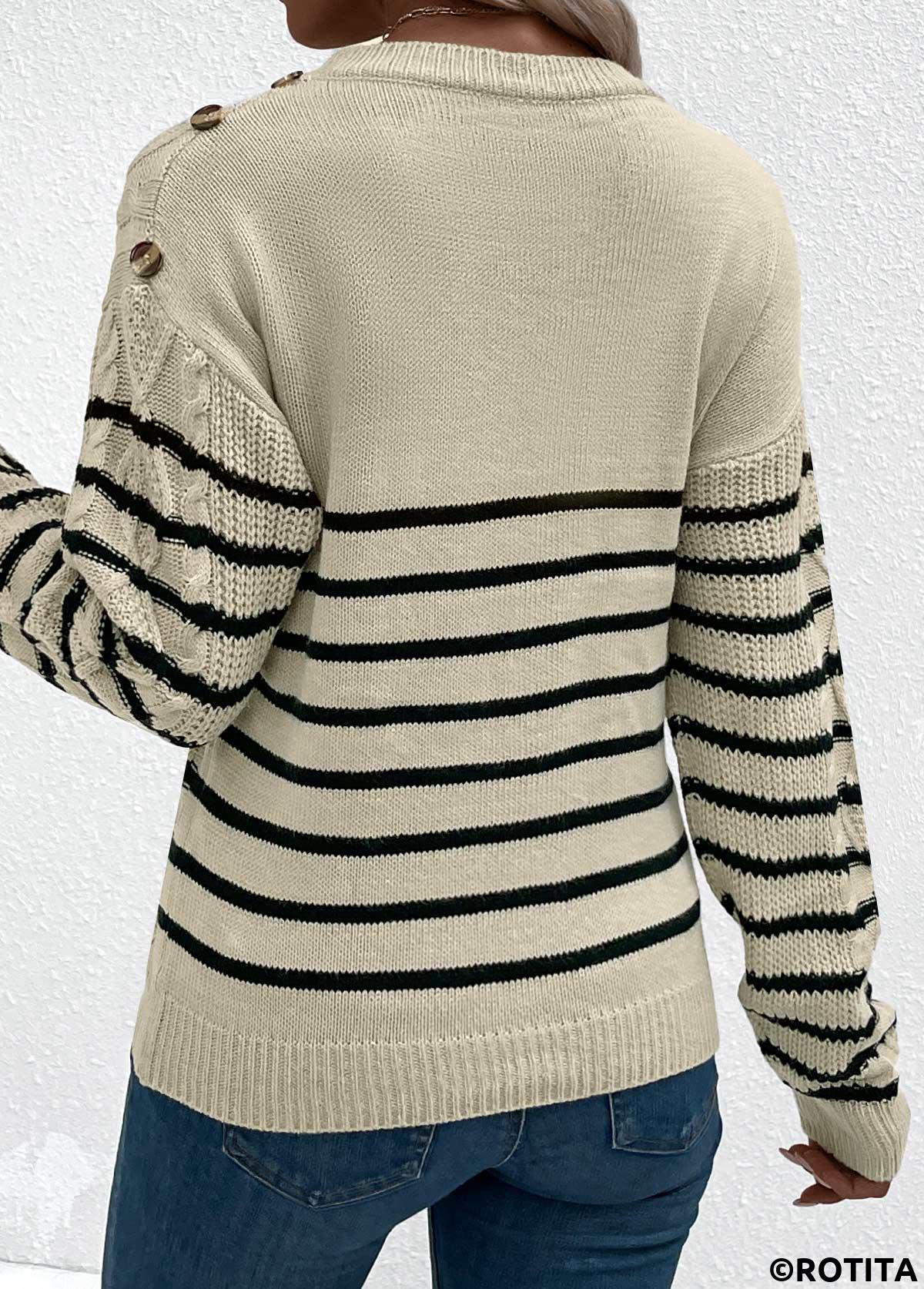 Light Camel tops,Striped tops,Geometric tops,Striped Light Camel Round Neck Long Sleeve Sweater