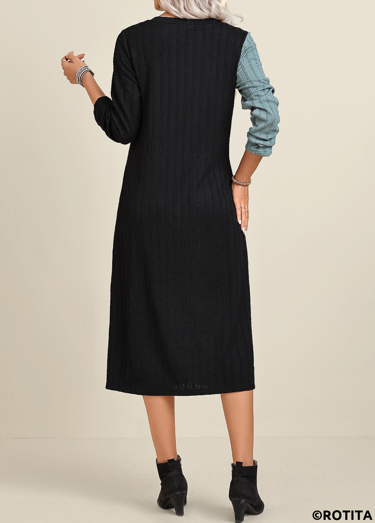 Black dresses,Peacock Blue dresses,Contrast Color dresses,Everyday dresses,Casual dresses,ROTITA Patchwork Black A Line Round Neck Long Sleeve Dress