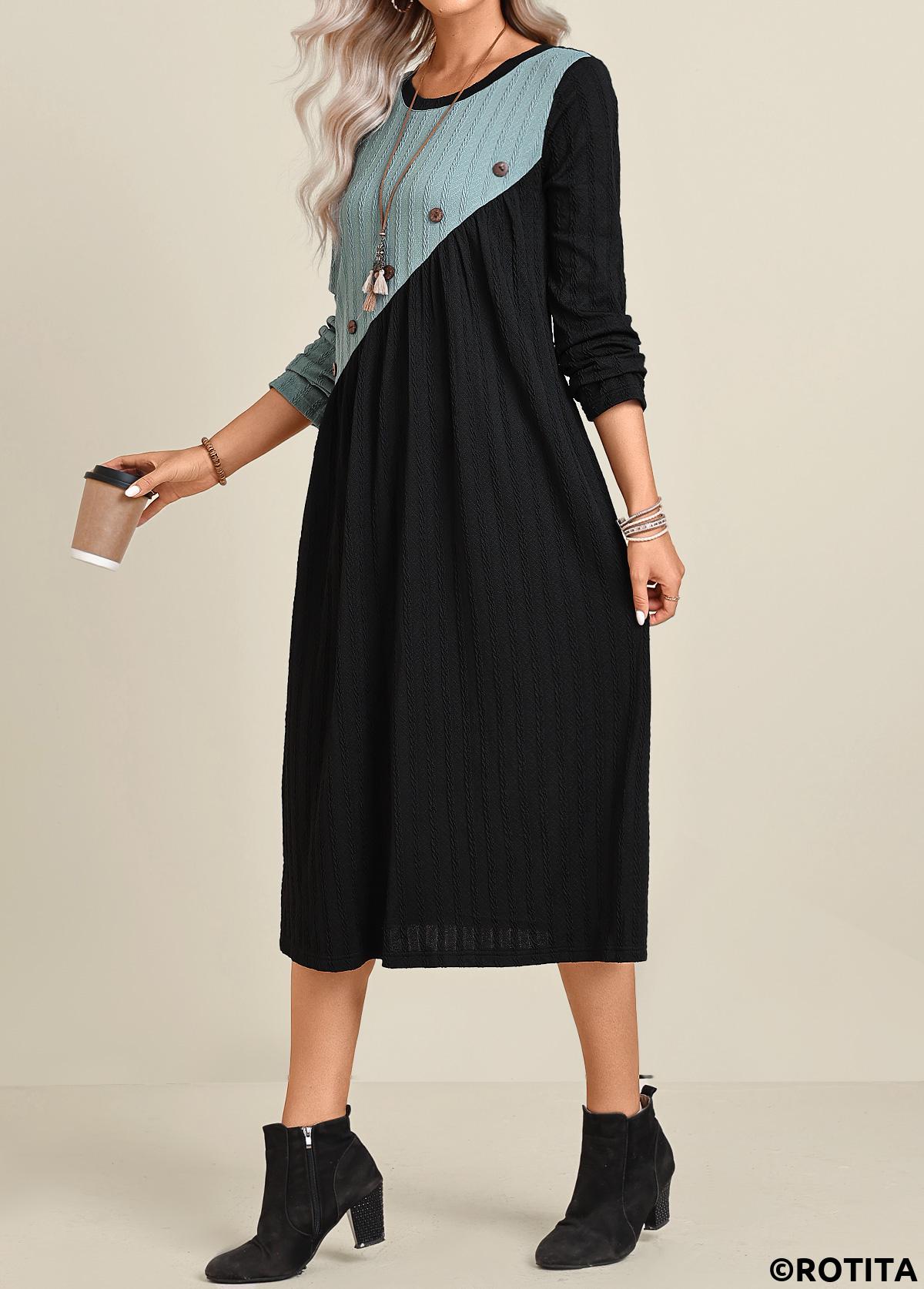 Black dresses,Peacock Blue dresses,Contrast Color dresses,Everyday dresses,Casual dresses,ROTITA Patchwork Black A Line Round Neck Long Sleeve Dress